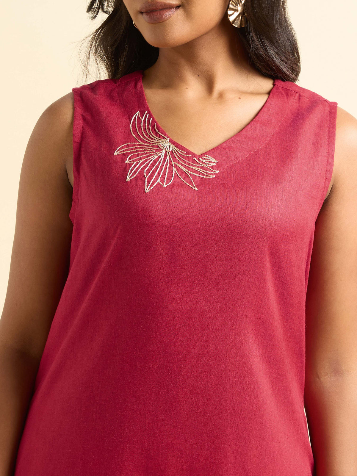 Red Lyocell Plain Flared Kurti With Embroidery