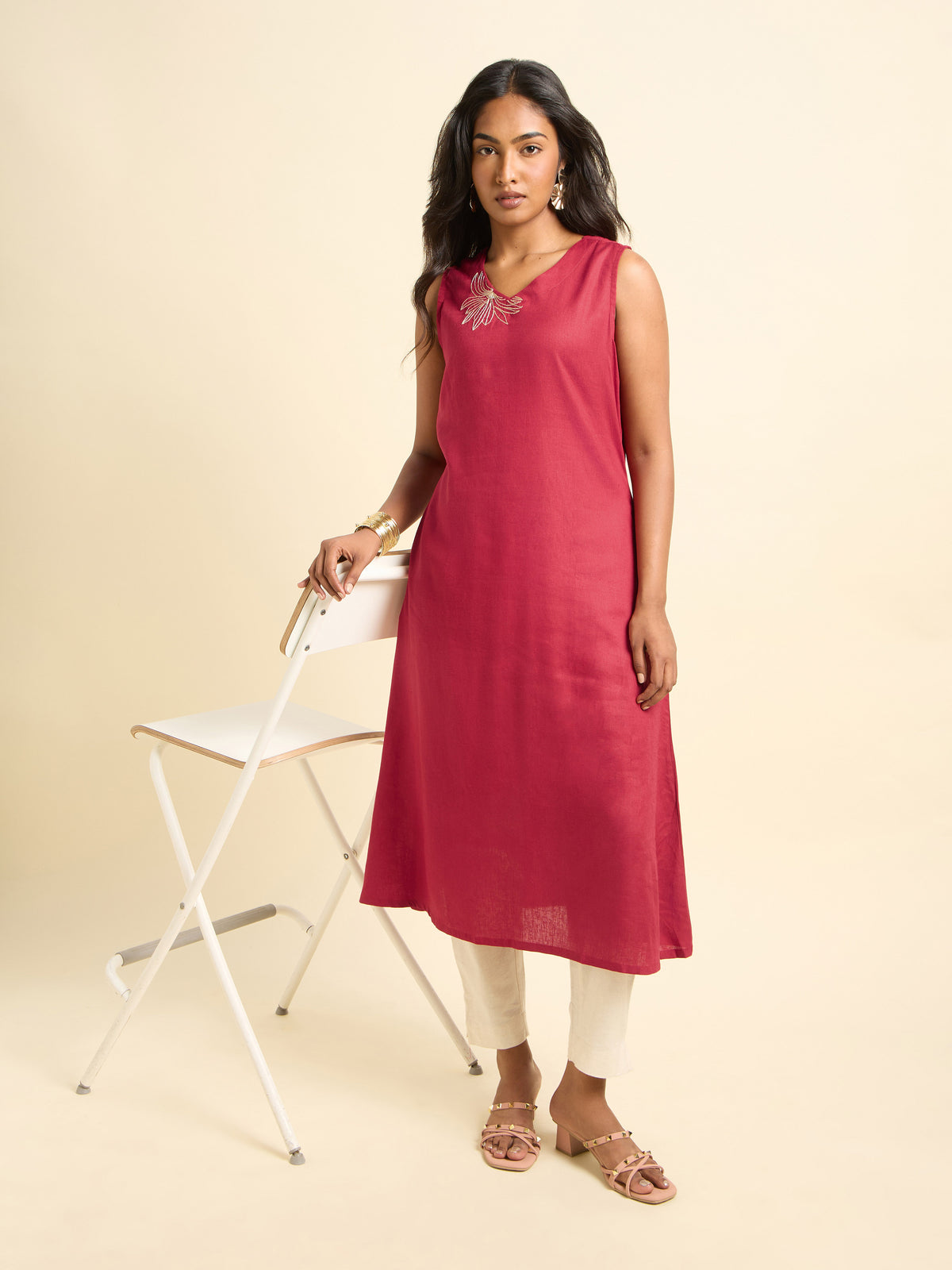 Red Lyocell Plain Flared Kurti With Embroidery