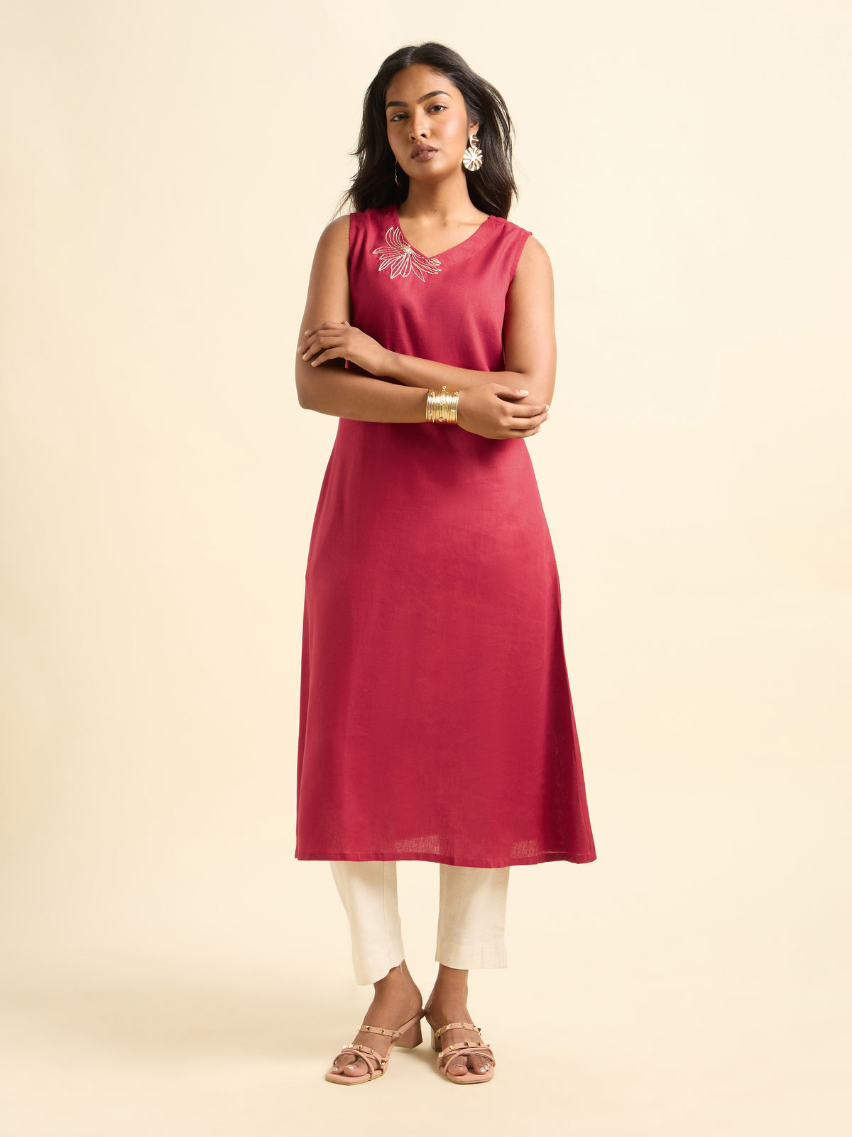 Red Lyocell Plain Flared Kurti With Embroidery