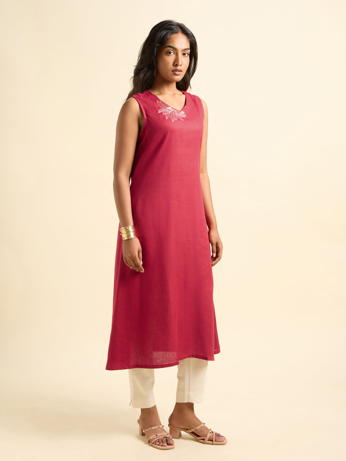 Red Lyocell Plain Flared Kurti With Embroidery