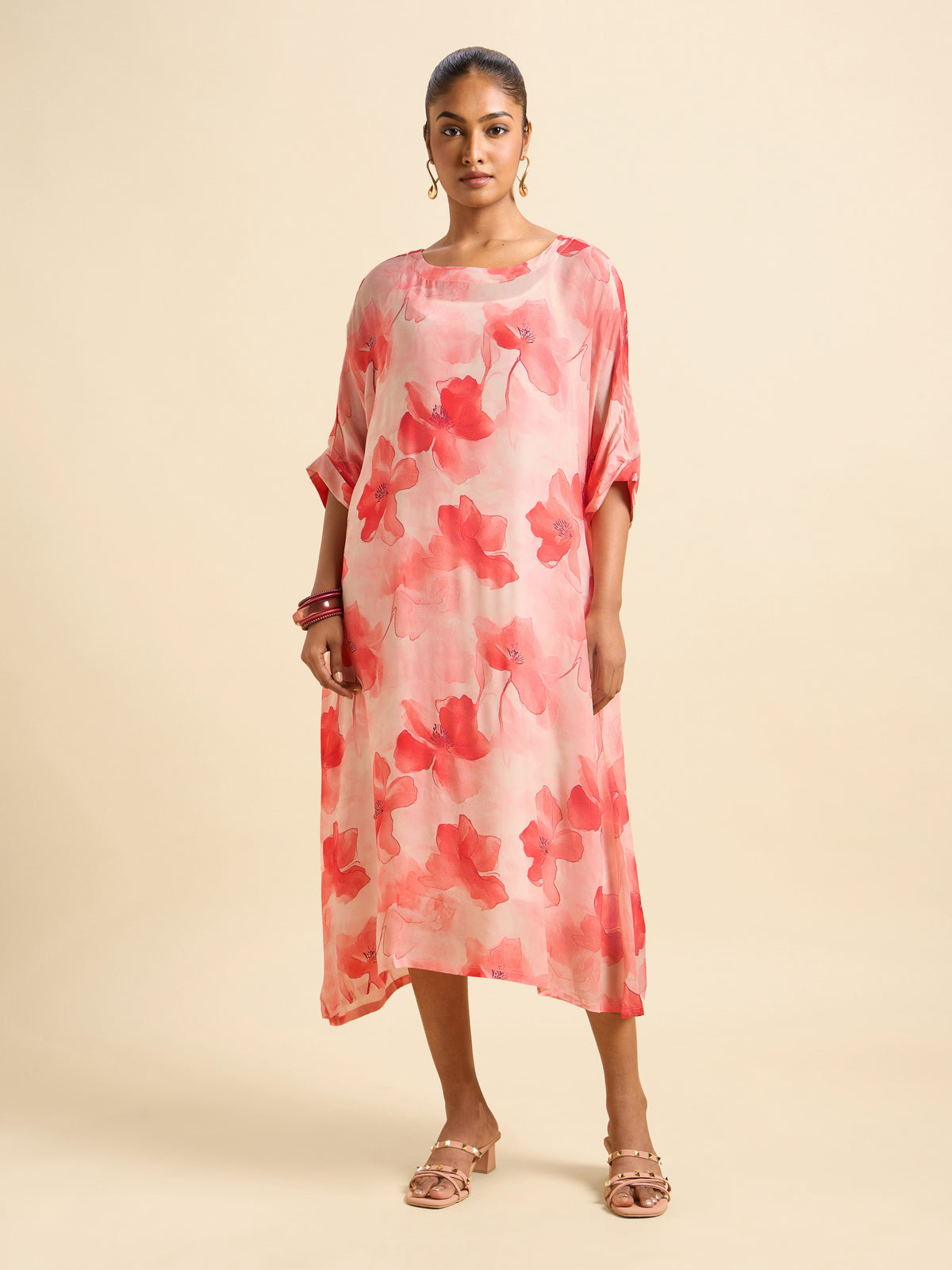 Red Multi Colour Bemberg Crepe Printed Kaftan With Separate Slip In Shantoon  With Adjustable Strap