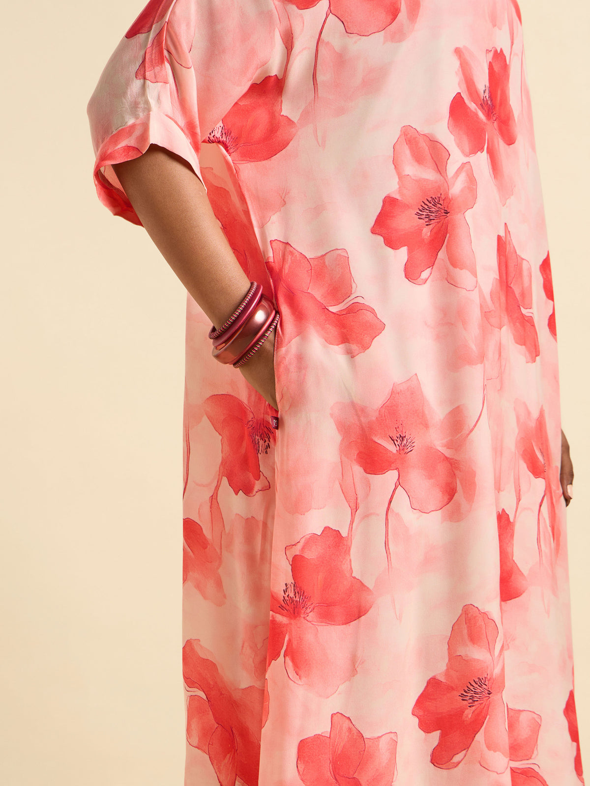 Red Multi Colour Bemberg Crepe Printed Kaftan With Separate Slip In Shantoon  With Adjustable Strap