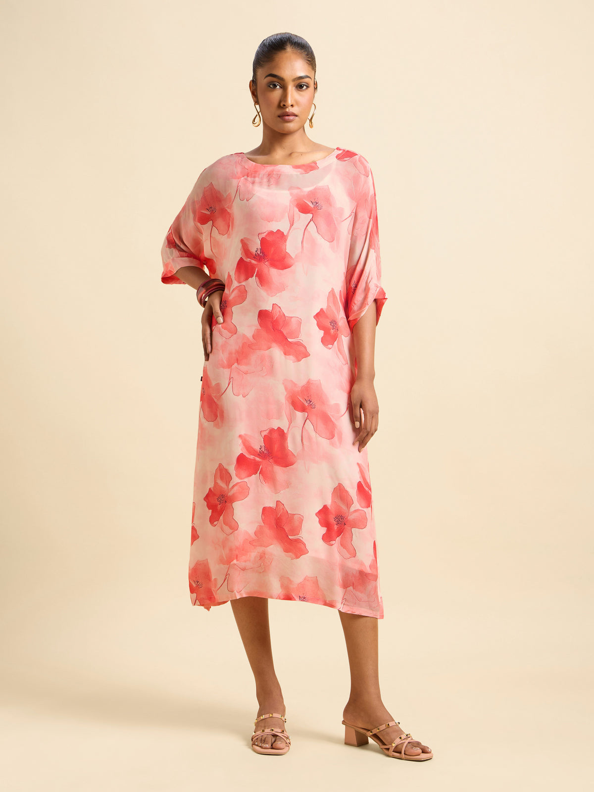 Red Multi Colour Bemberg Crepe Printed Kaftan With Separate Slip In Shantoon  With Adjustable Strap