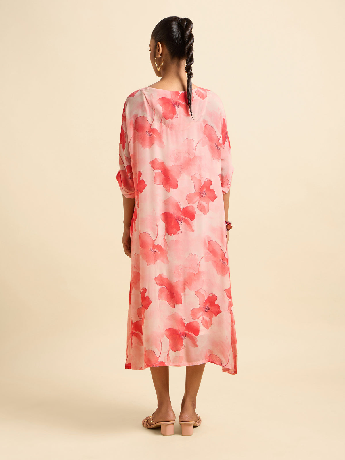 Red Multi Colour Bemberg Crepe Printed Kaftan With Separate Slip In Shantoon  With Adjustable Strap