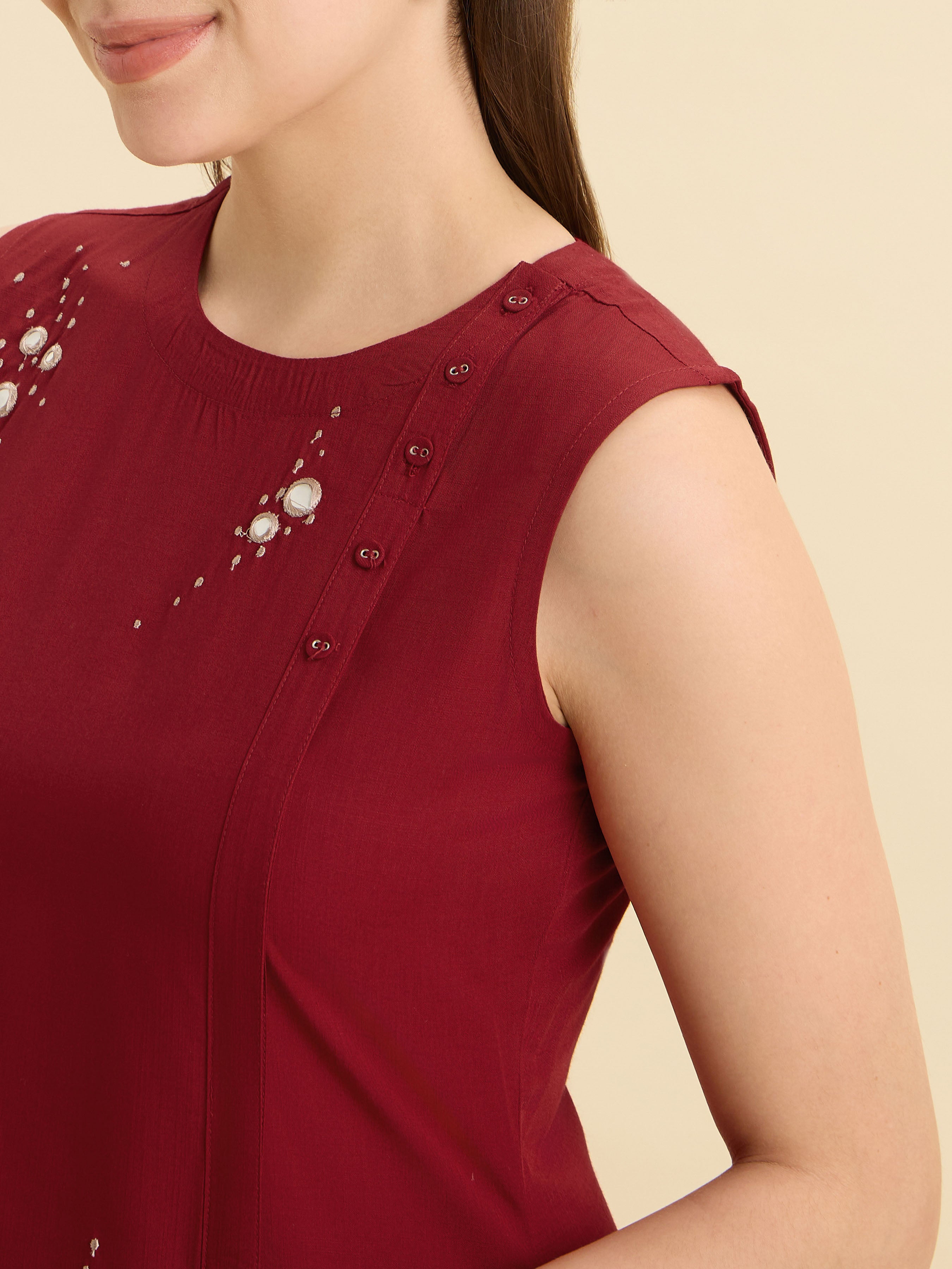 Red Viscose Slub Kurti With Side Placket And Mirror Embroidery