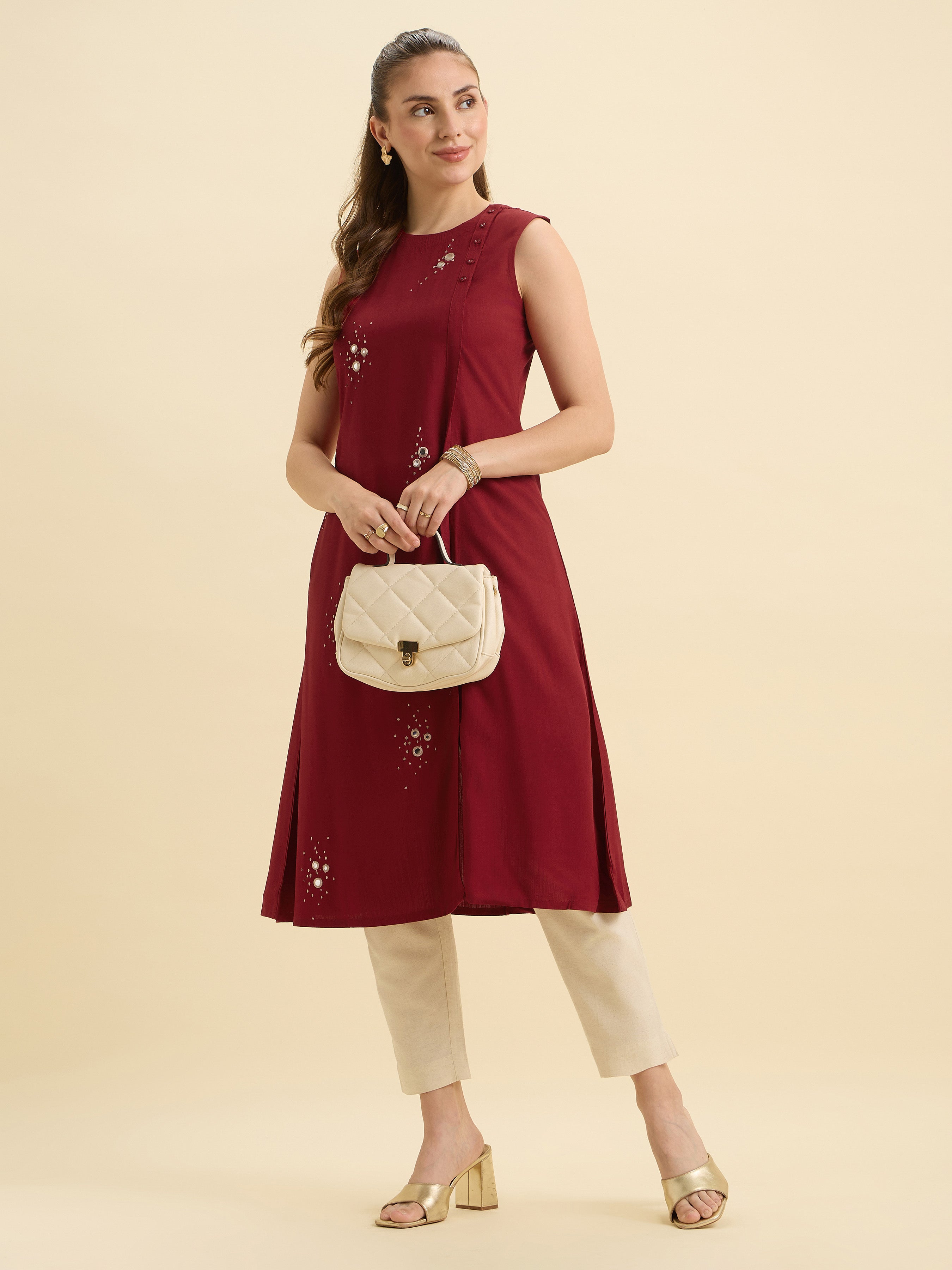 Red Viscose Slub Kurti With Side Placket And Mirror Embroidery