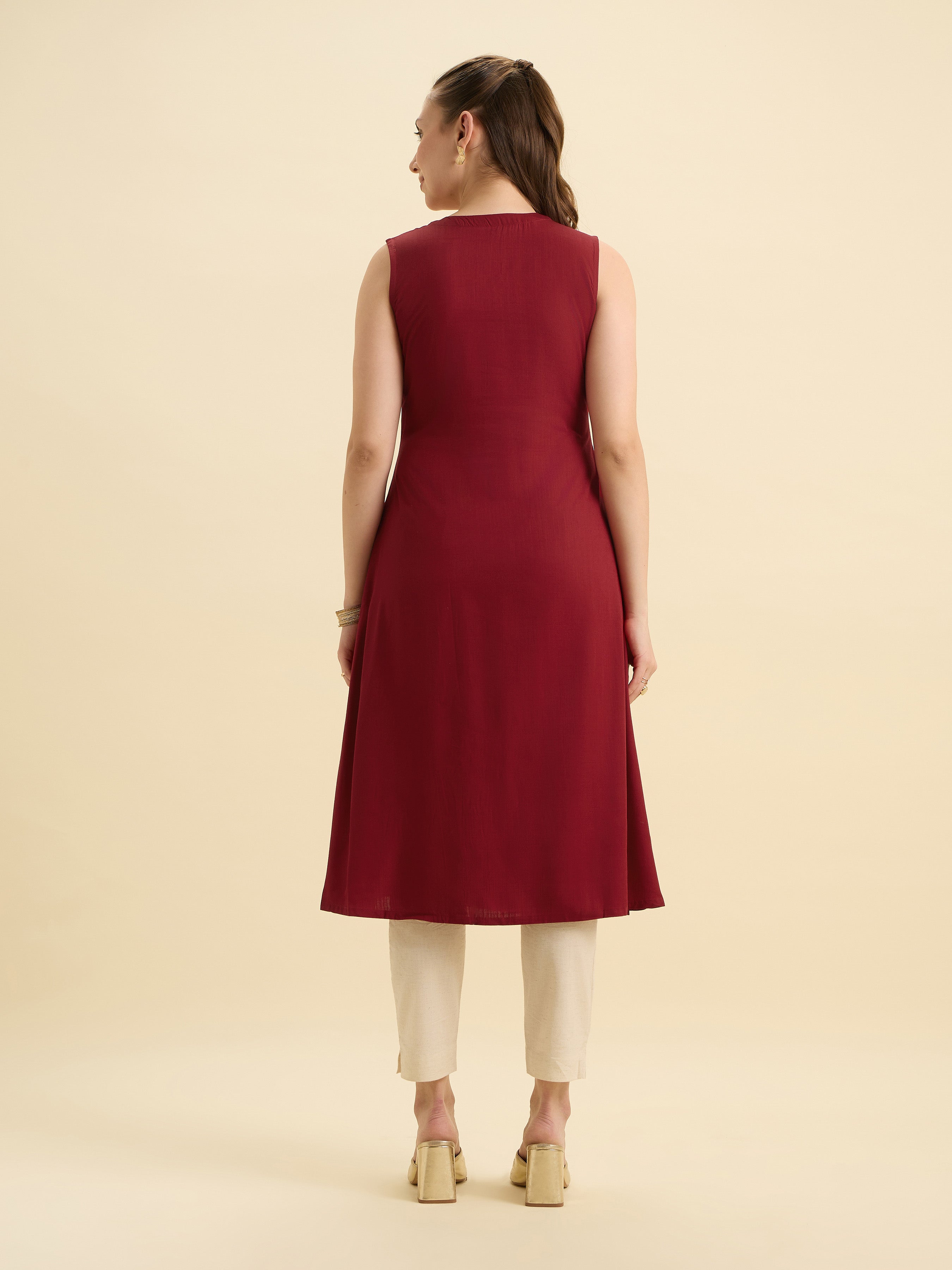 Red Viscose Slub Kurti With Side Placket And Mirror Embroidery