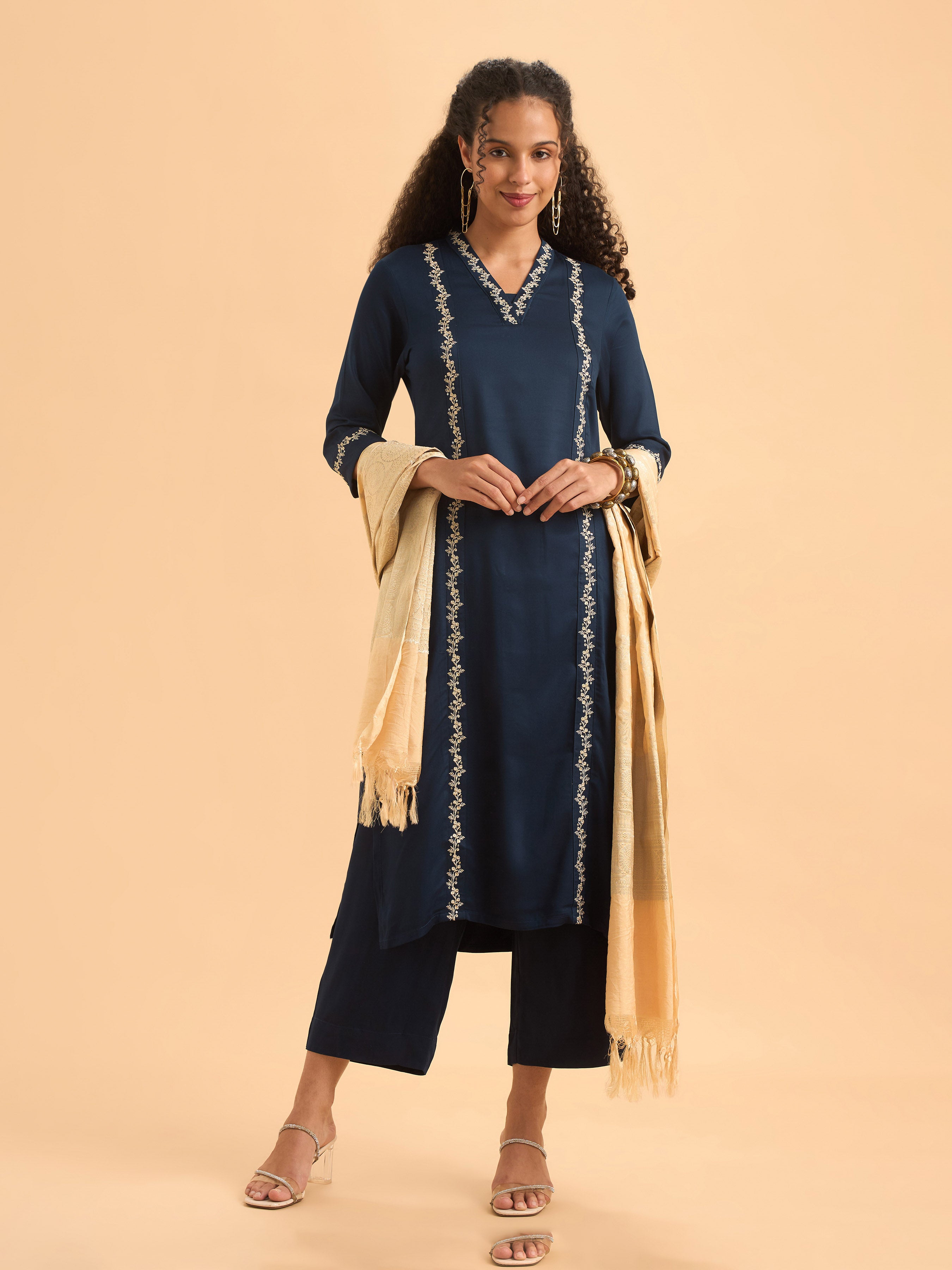 Royal Blue Viscose Kurti Set With Dupatta And Handwork Embroidery