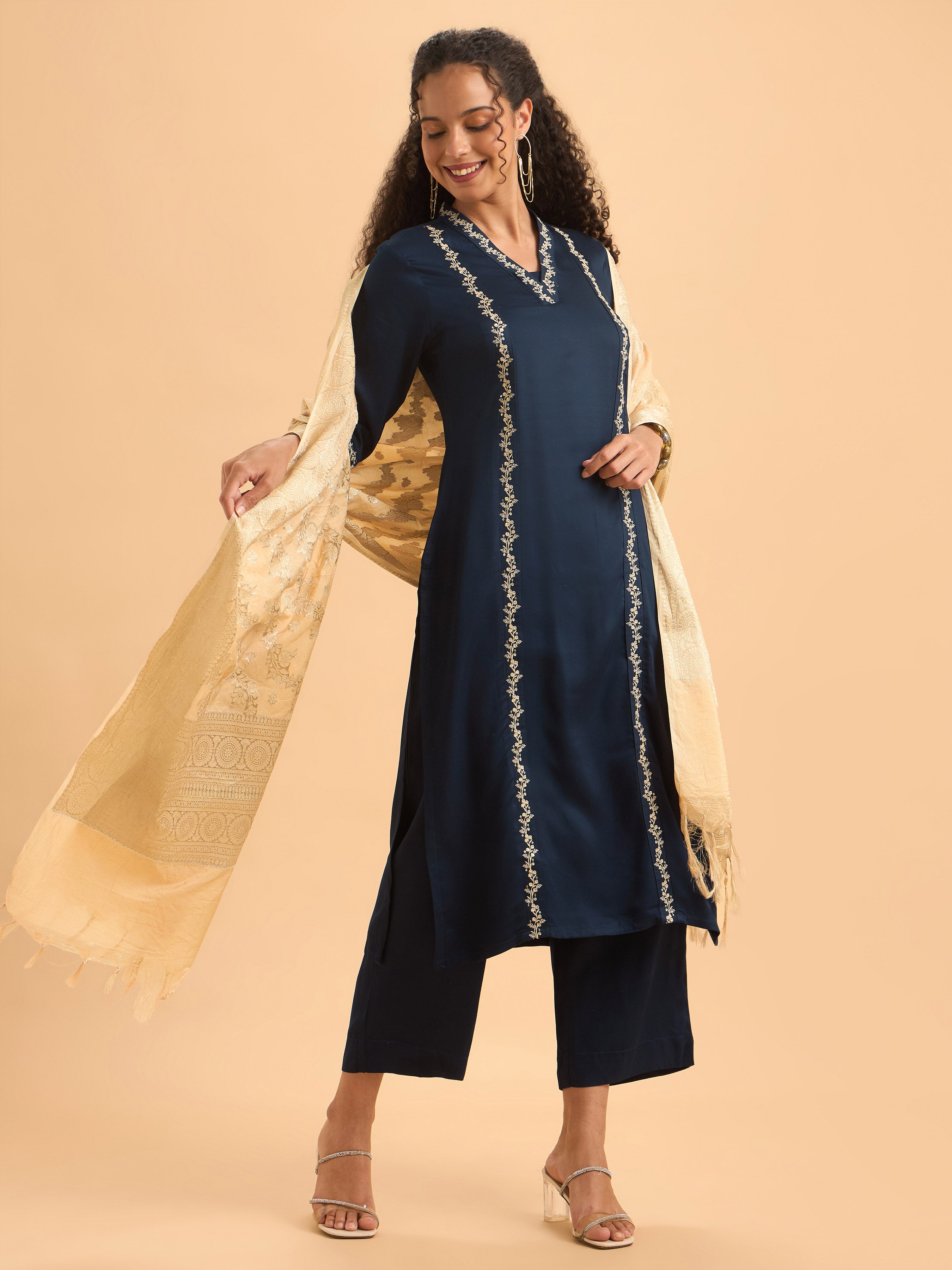 Royal Blue Viscose Kurti Set With Dupatta And Handwork Embroidery