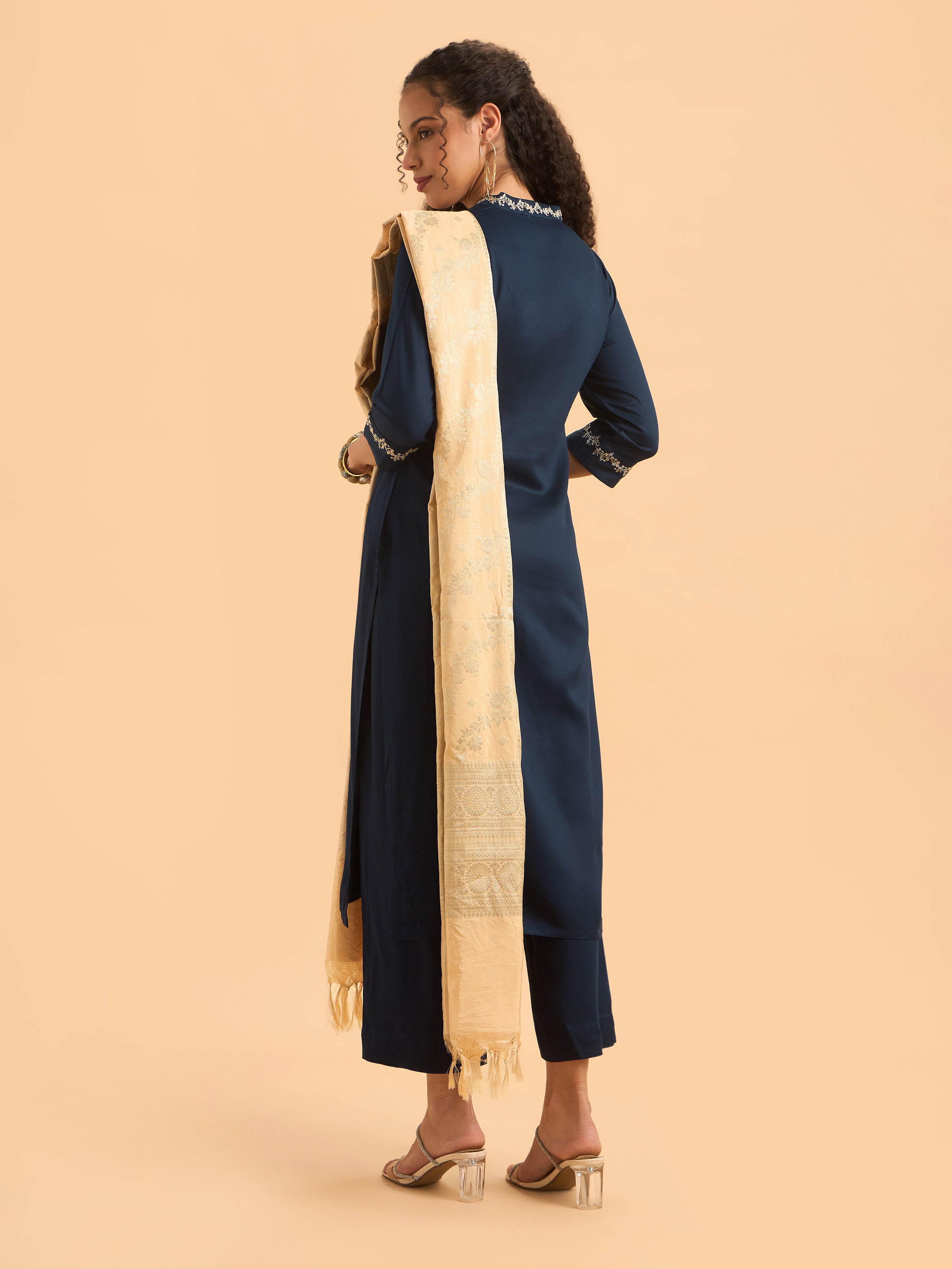 Royal Blue Viscose Kurti Set With Dupatta And Handwork Embroidery