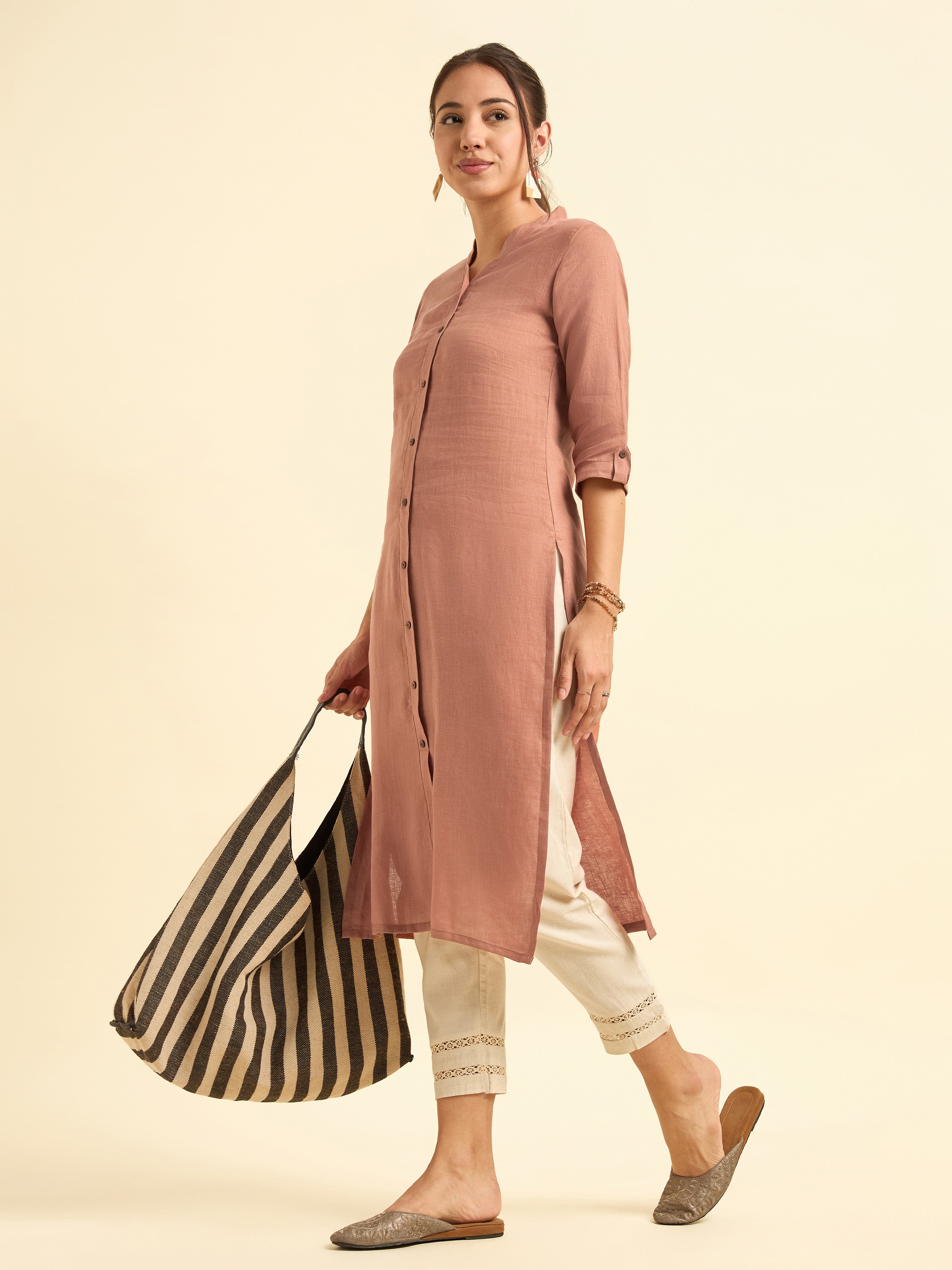 Rust Orange Colour Linen Plain Slitted Kurti With Full Placket