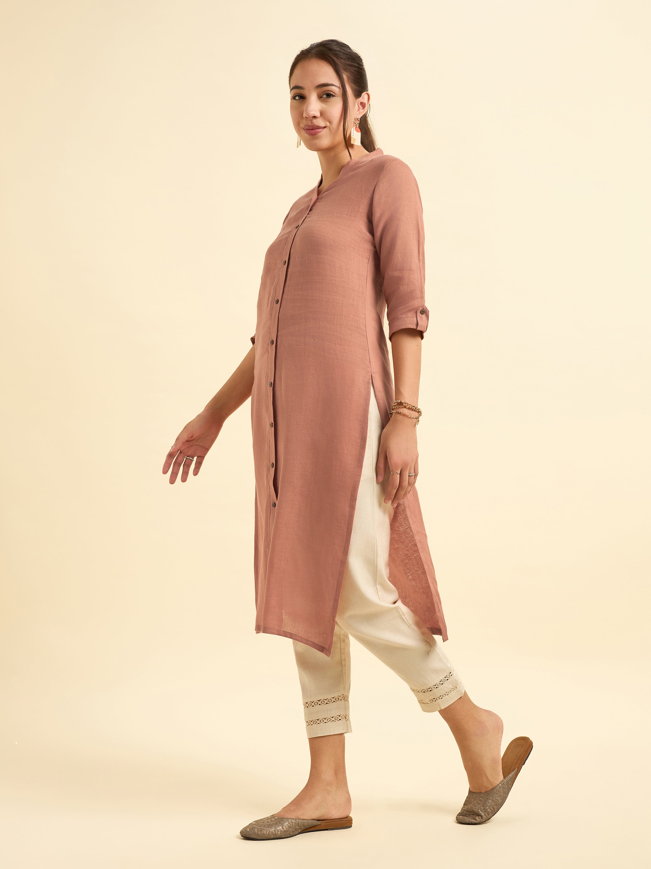 Rust Orange Colour Linen Plain Slitted Kurti With Full Placket