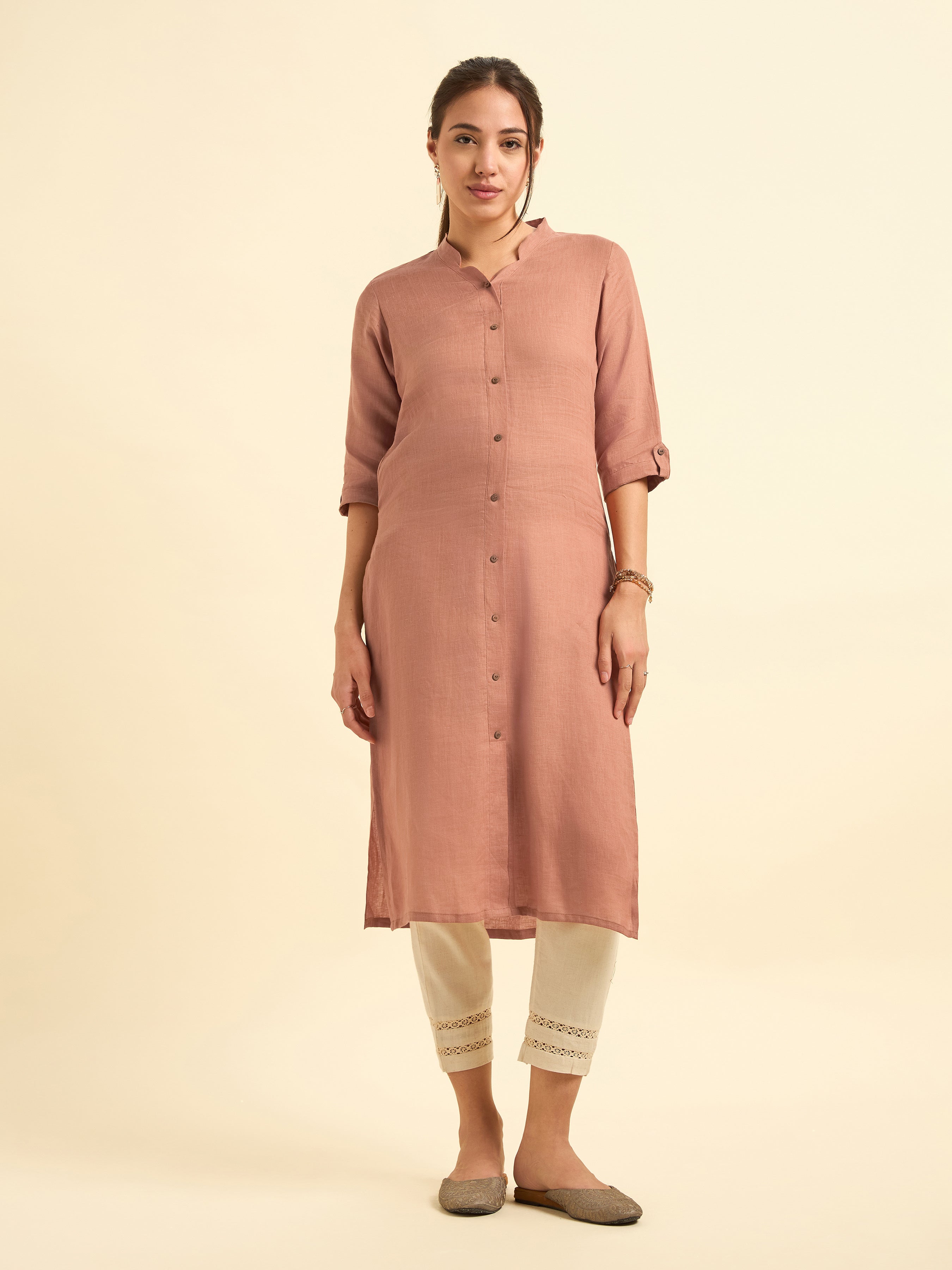 Rust Orange Colour Linen Plain Slitted Kurti With Full Placket