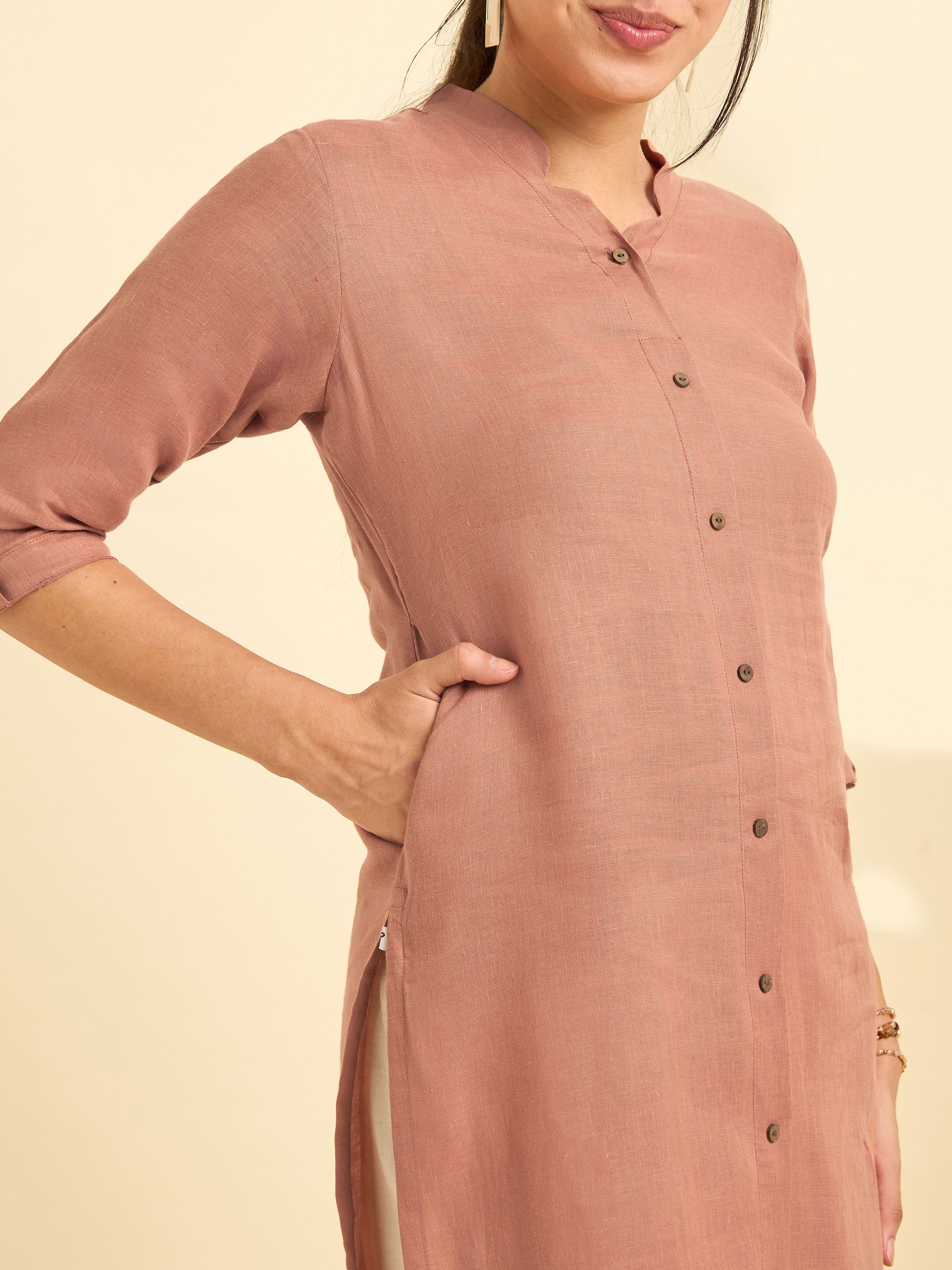 Rust Orange Colour Linen Plain Slitted Kurti With Full Placket
