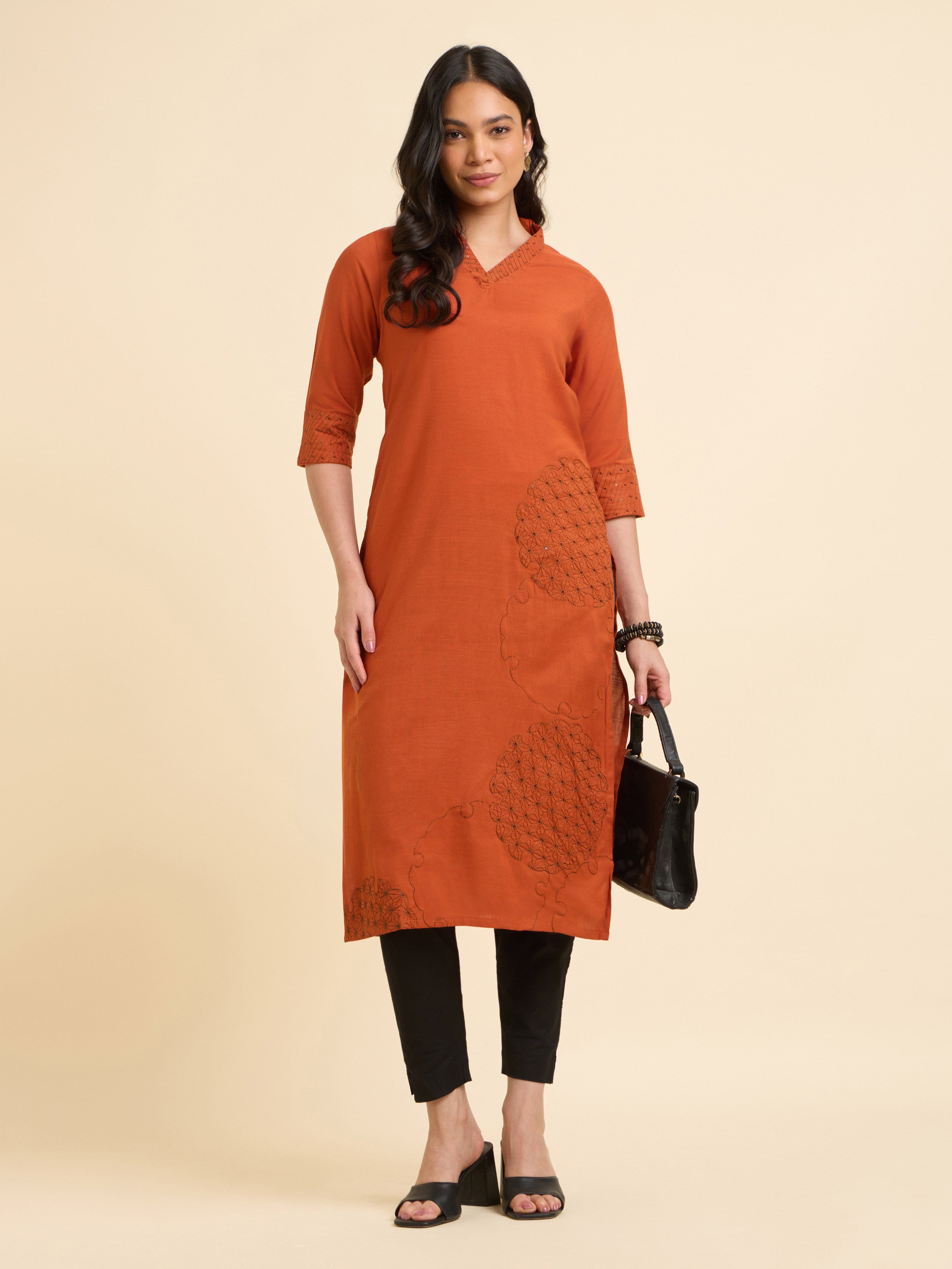 Rust Orange Cotton Viscose Slub Plain Slitted Kurti With Embroidery And Sequins Work