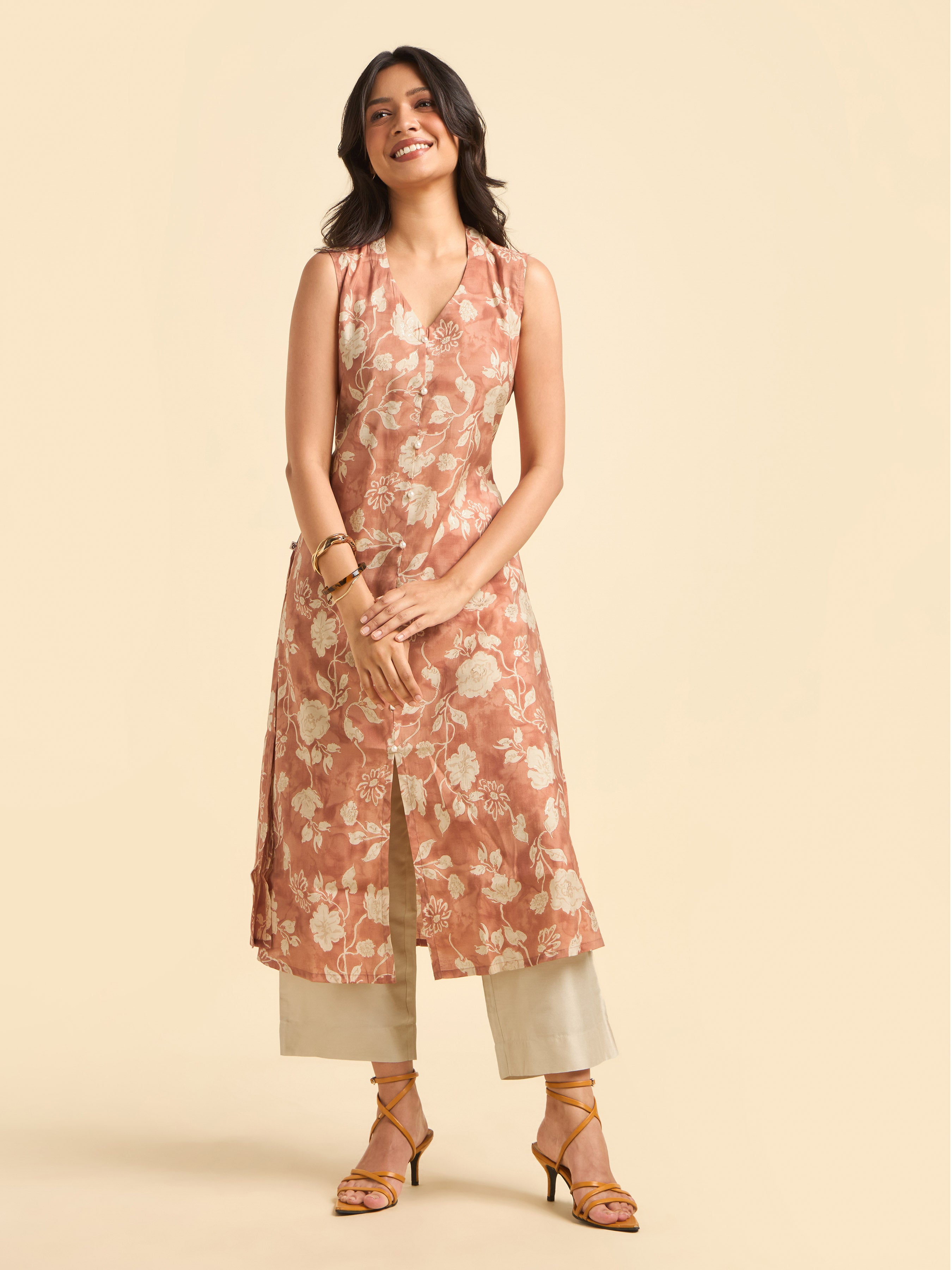 Rust Orange Ivory Colour Modal Chanderi Printed Flared Kurti With Bottom