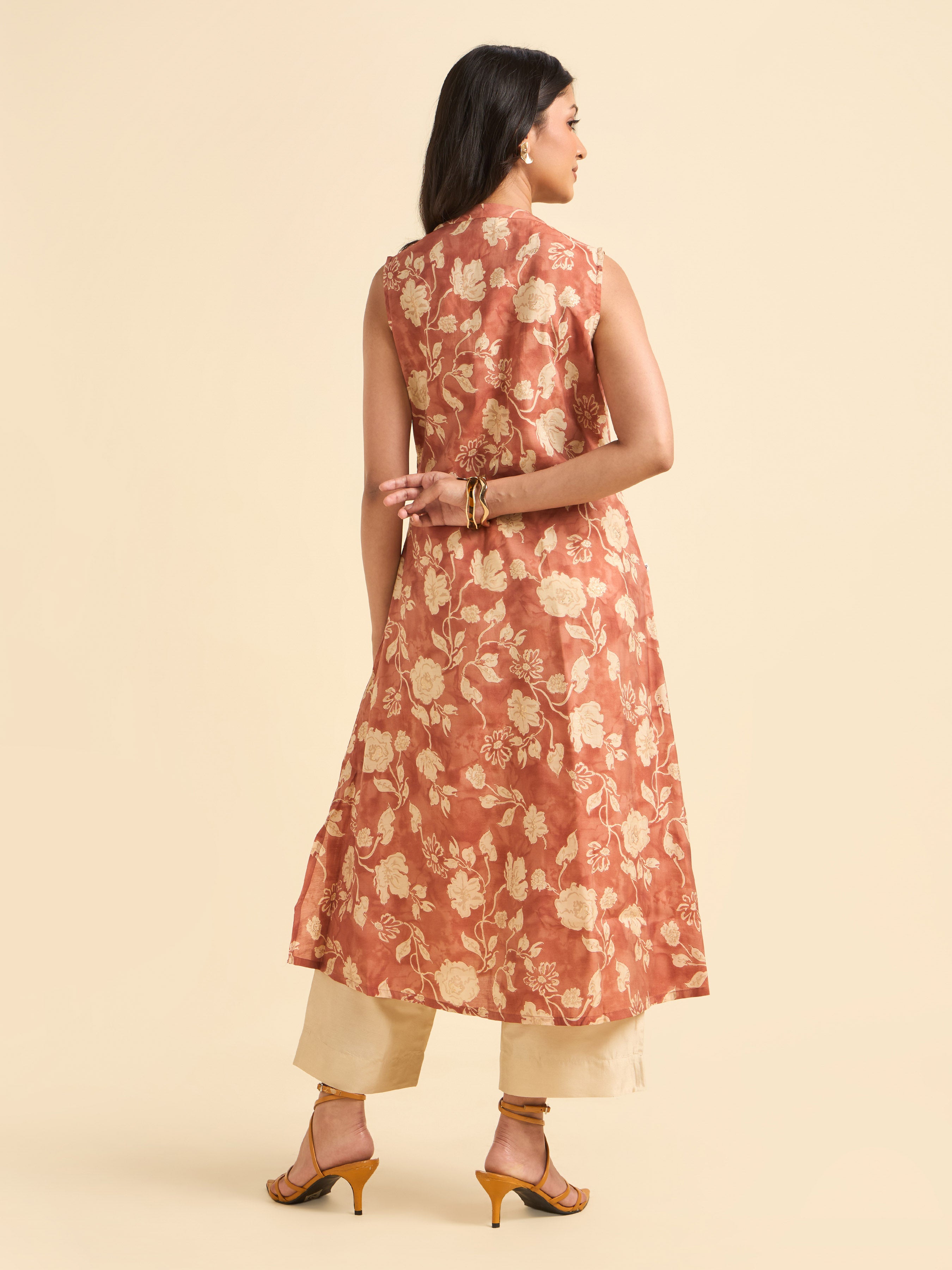 Rust Orange Ivory Colour Modal Chanderi Printed Flared Kurti With Bottom