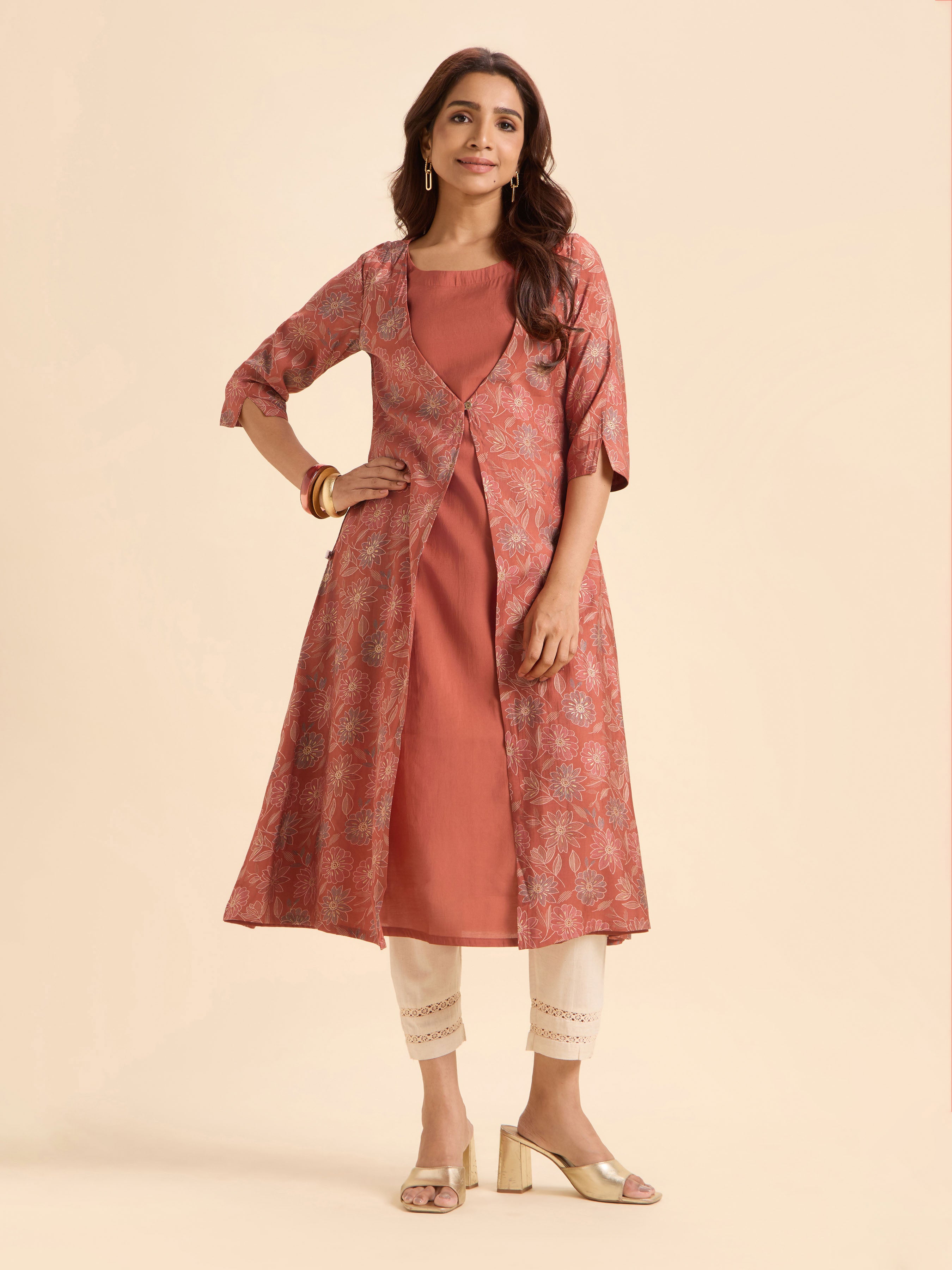 Rust Orange Multicolour Modal Chanderi Printed Flared Kurti