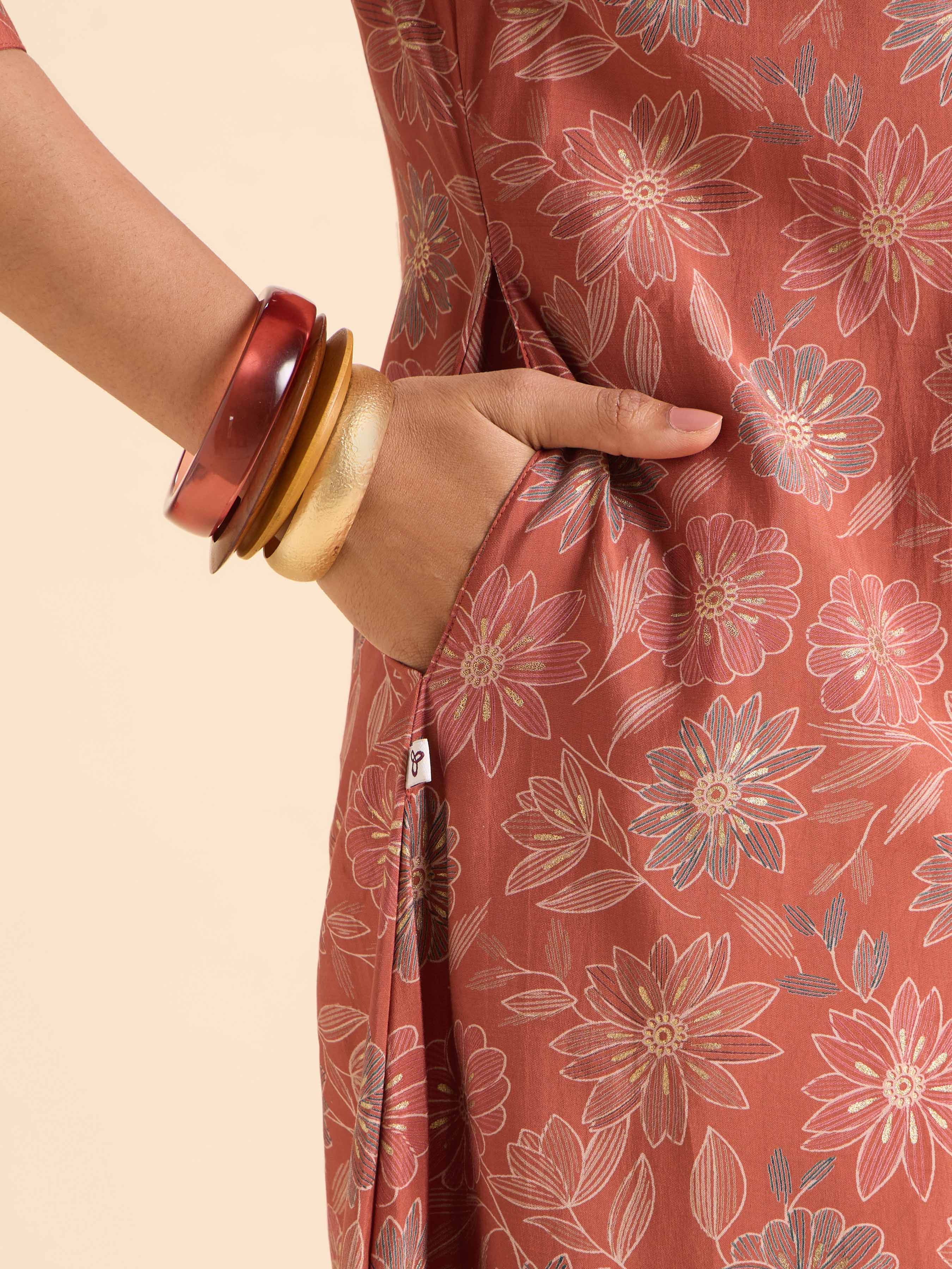 Rust Orange Multicolour Modal Chanderi Printed Flared Kurti