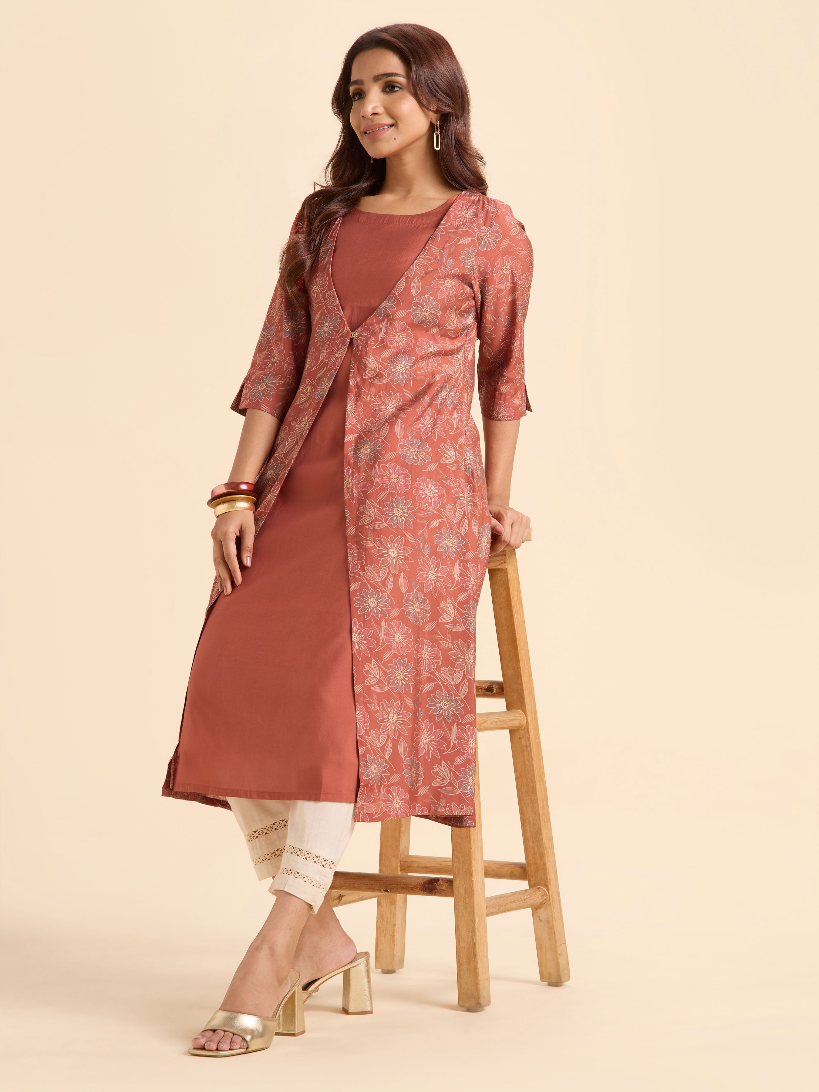 Rust Orange Multicolour Modal Chanderi Printed Flared Kurti