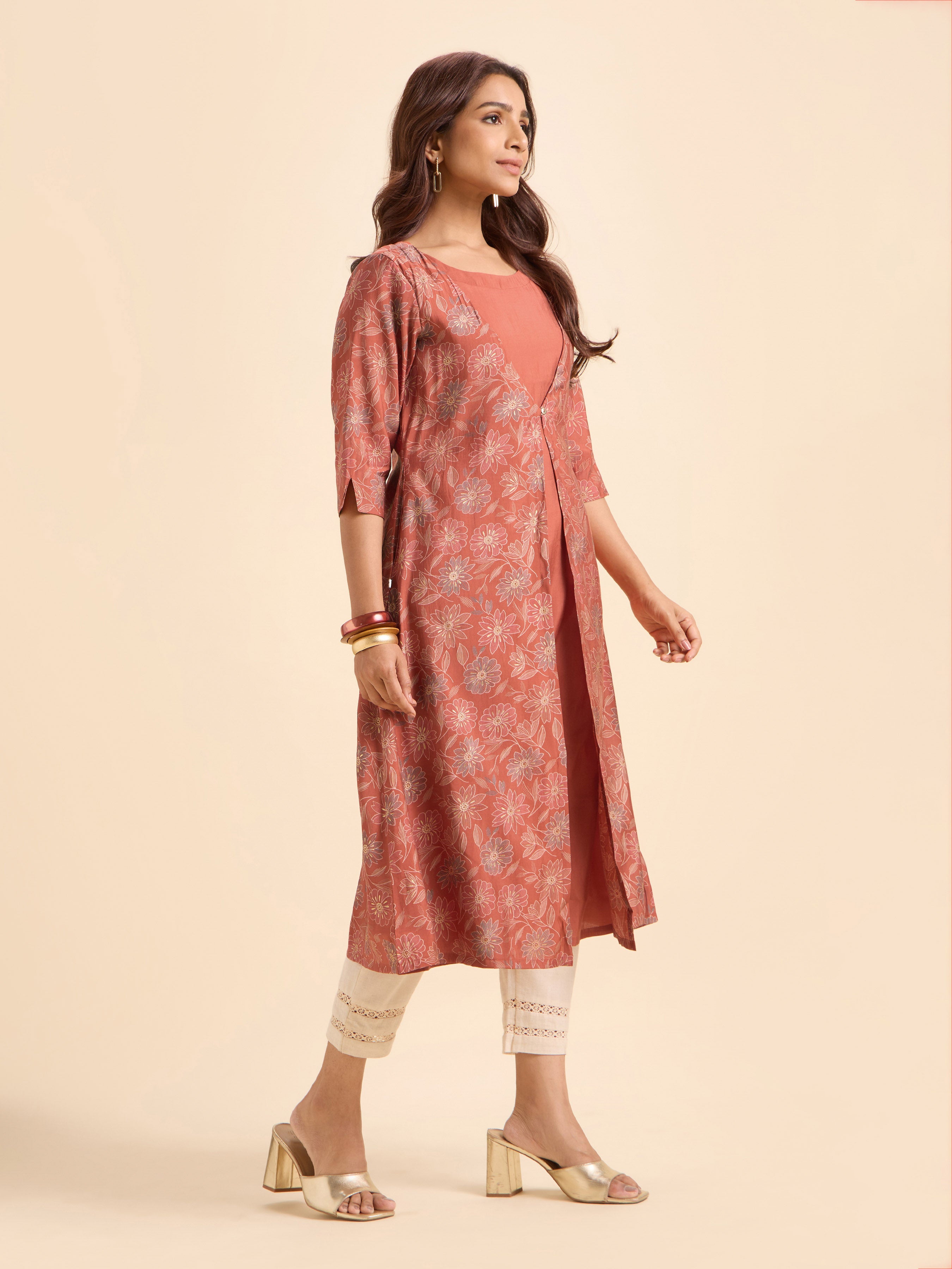 Rust Orange Multicolour Modal Chanderi Printed Flared Kurti