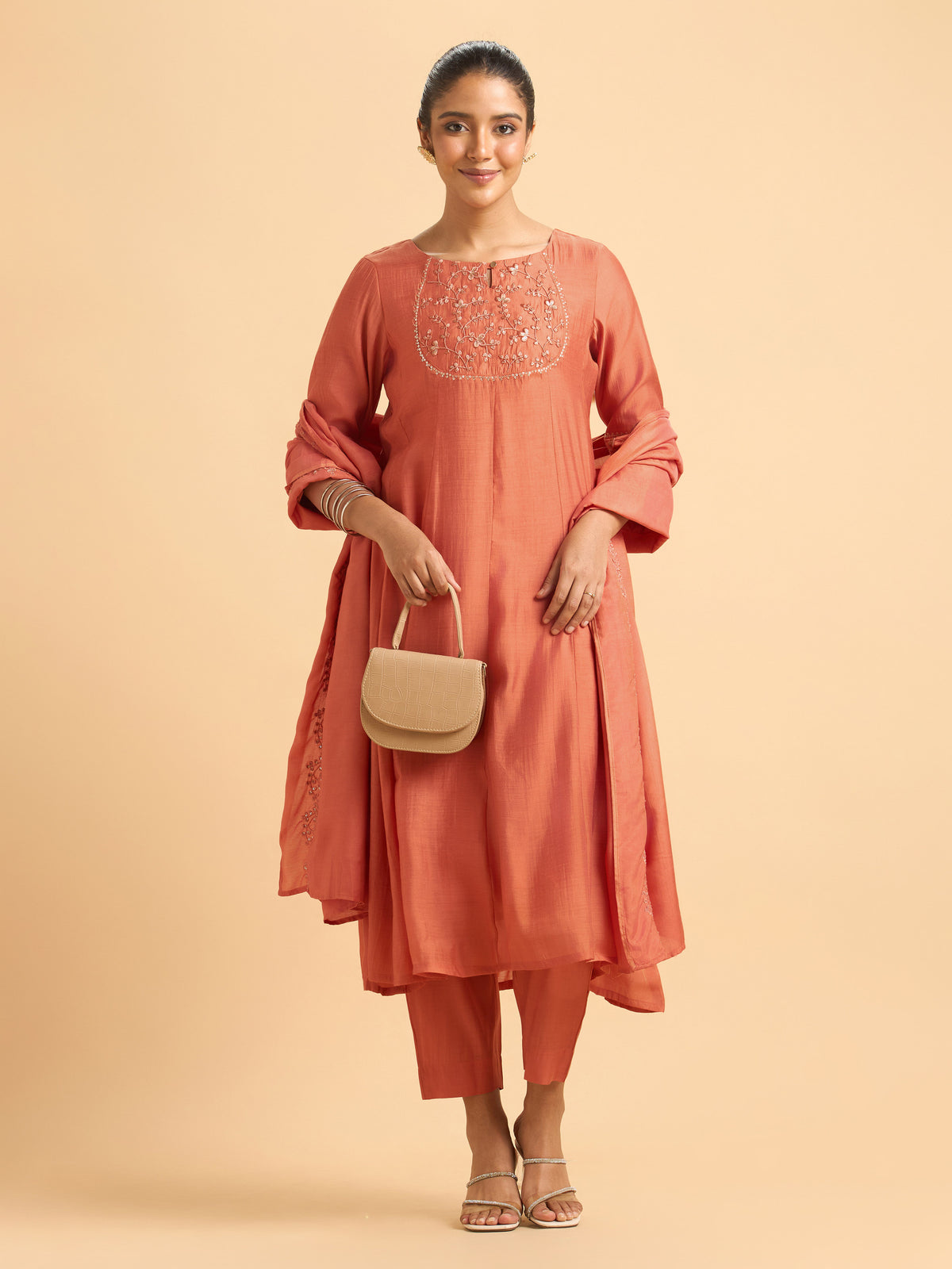 Rust Orange Modal Chanderi Plain Flared Kali Cut Kurti Set With Embroidery,Sequins Work,And Dupatta.