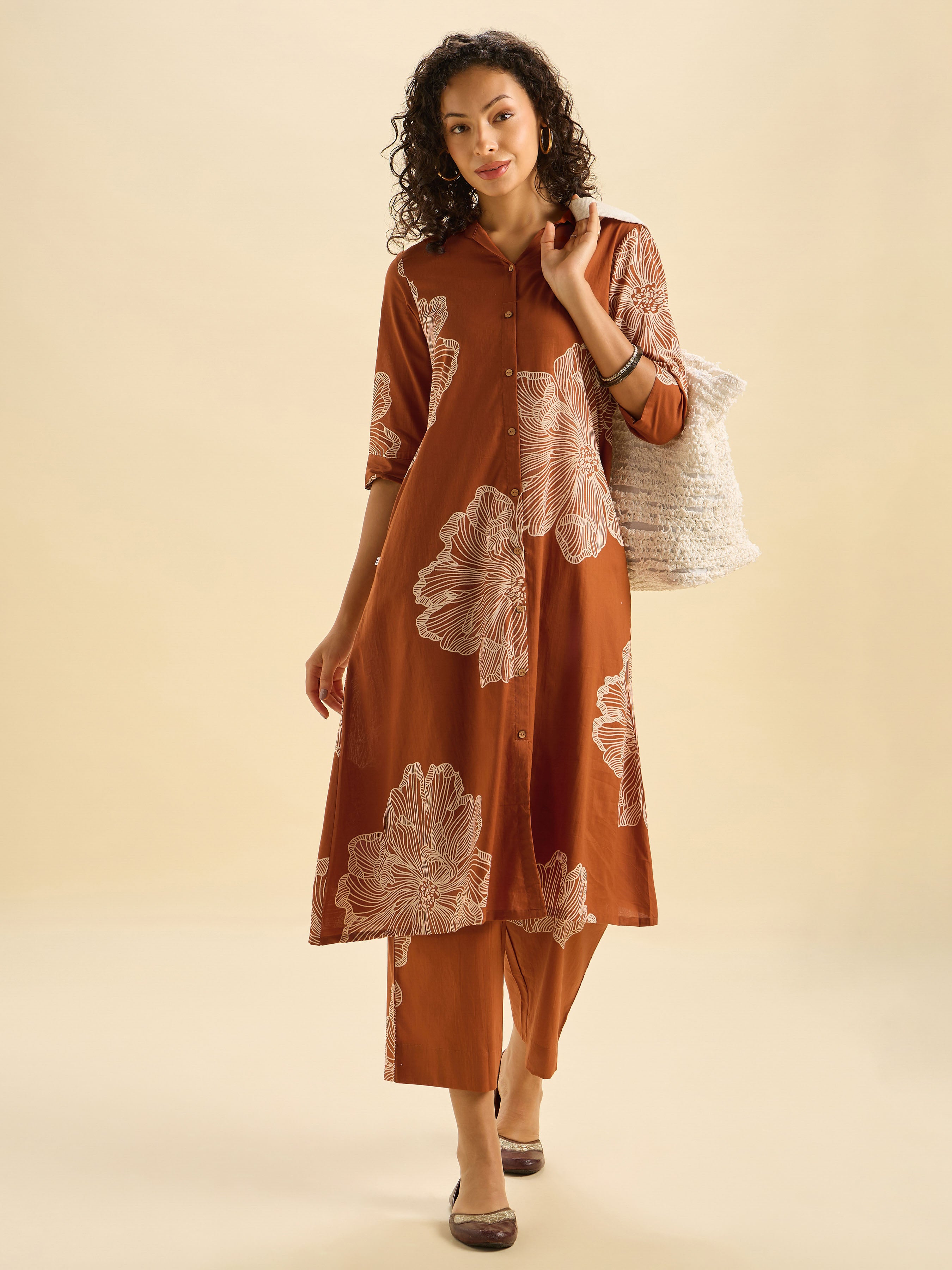 Rust Orange Pure Cotton Printed Flared Kurti Set