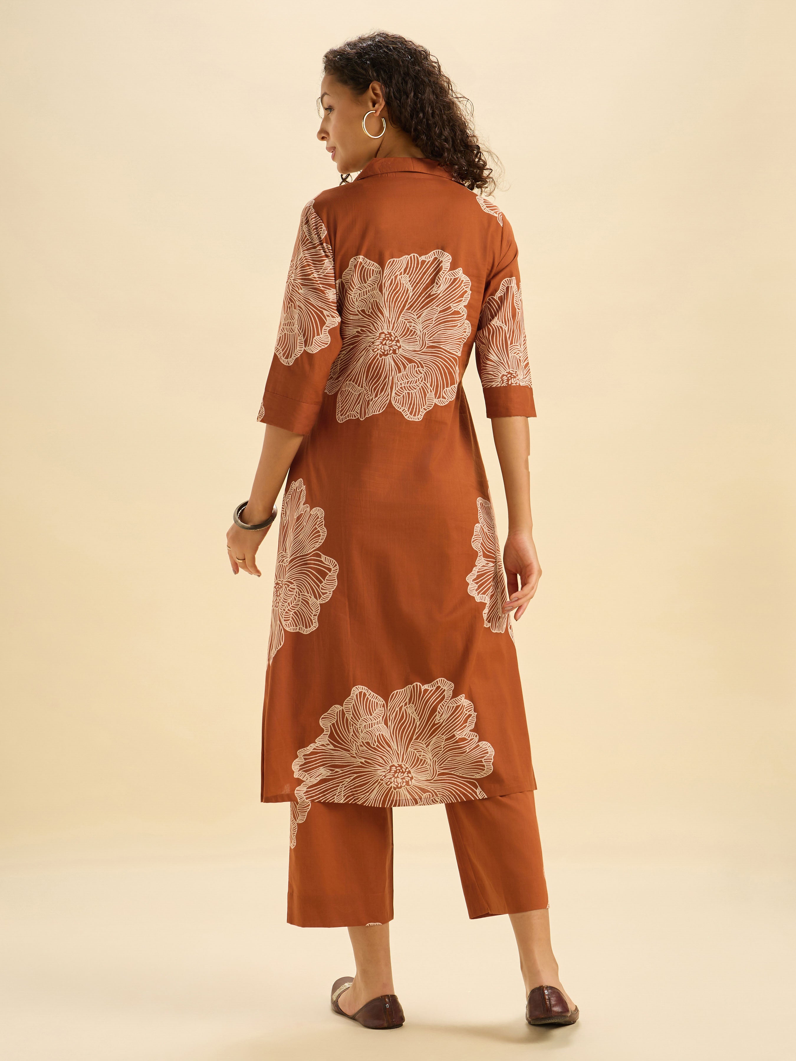 Rust Orange Pure Cotton Printed Flared Kurti Set