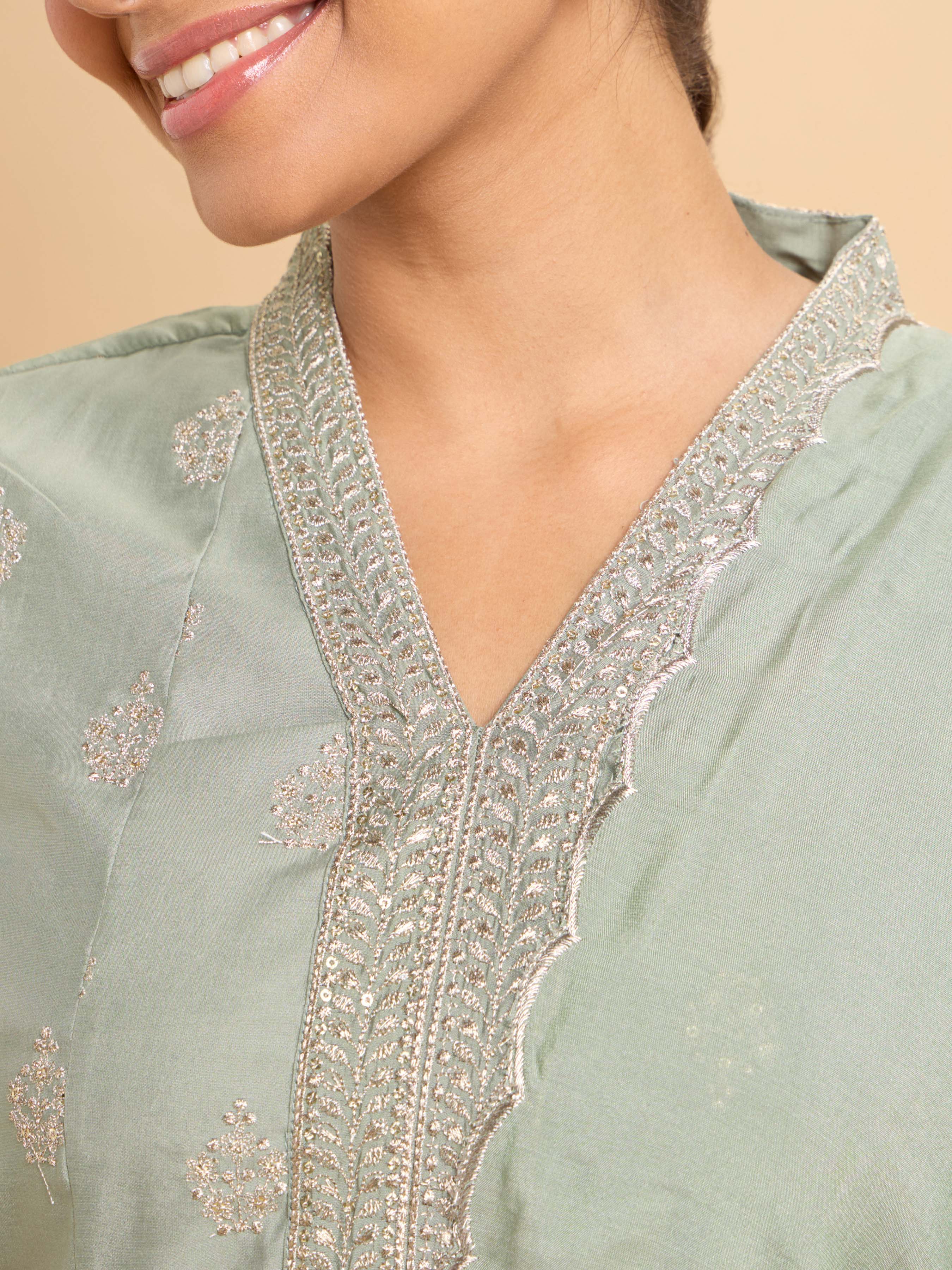 Sage Green Chanderi Flared Kali Cut Kurti Set With Dupatta And Embroidery