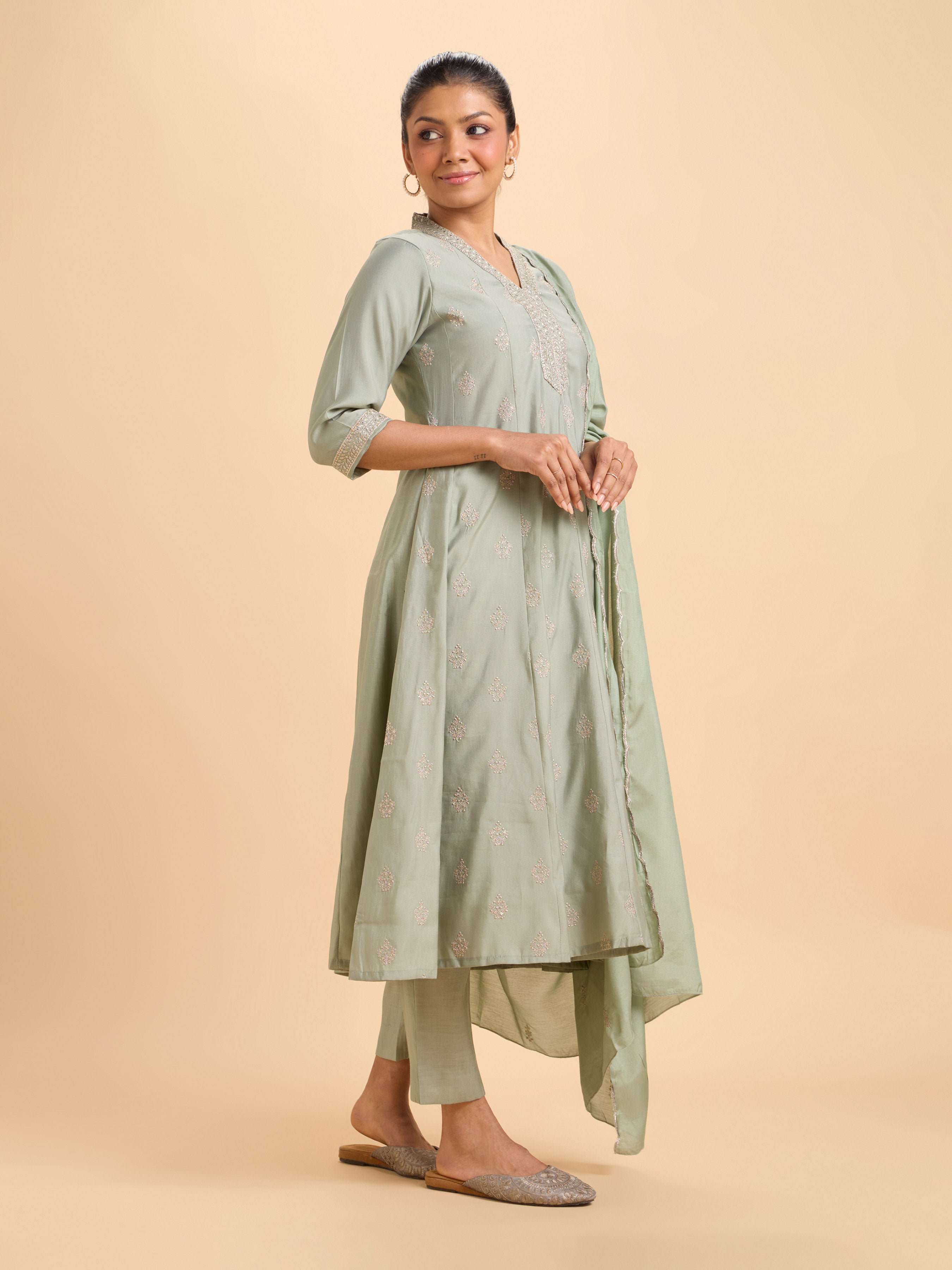 Sage Green Chanderi Flared Kali Cut Kurti Set With Dupatta And Embroidery
