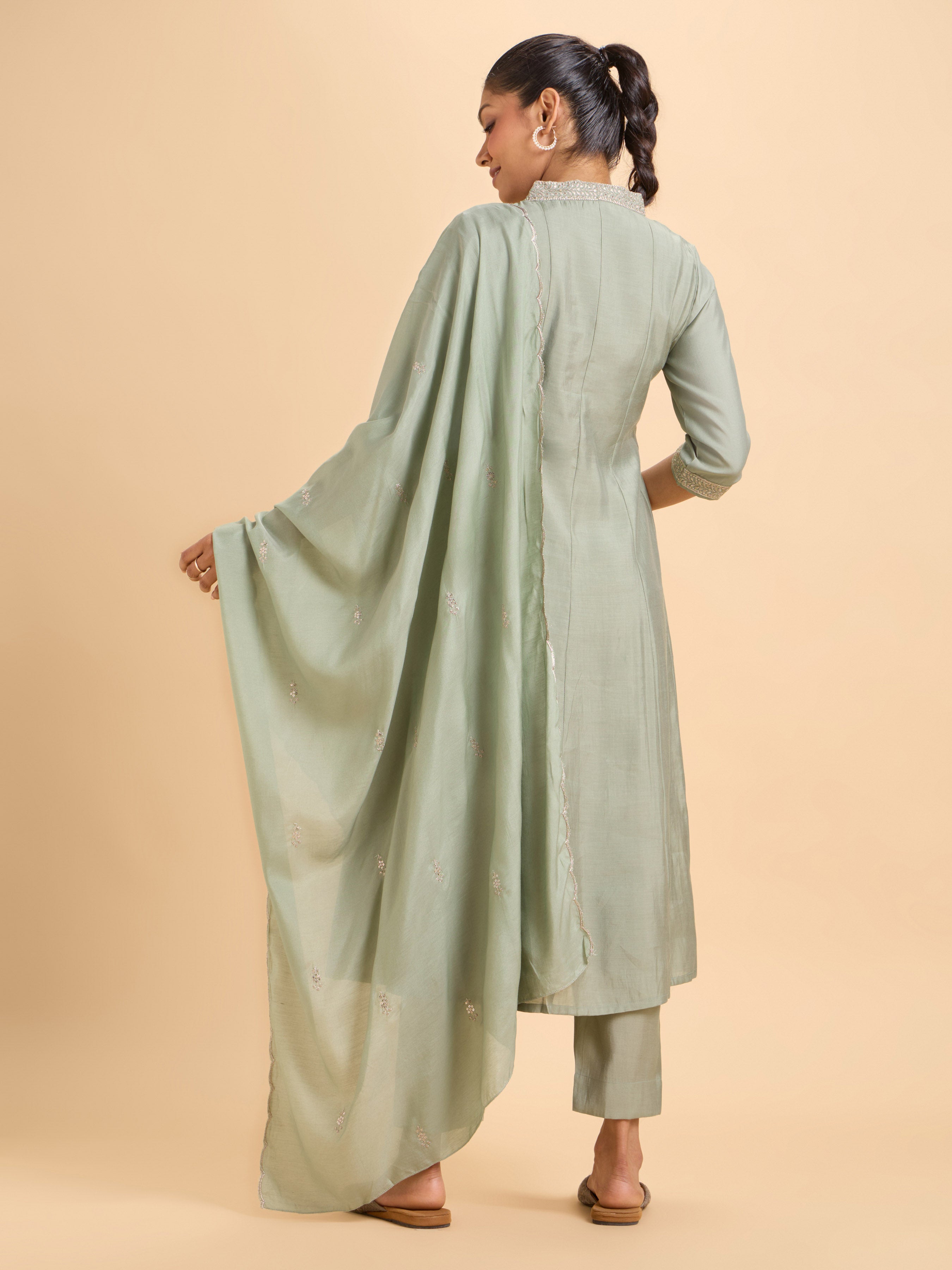Sage Green Chanderi Flared Kali Cut Kurti Set With Dupatta And Embroidery
