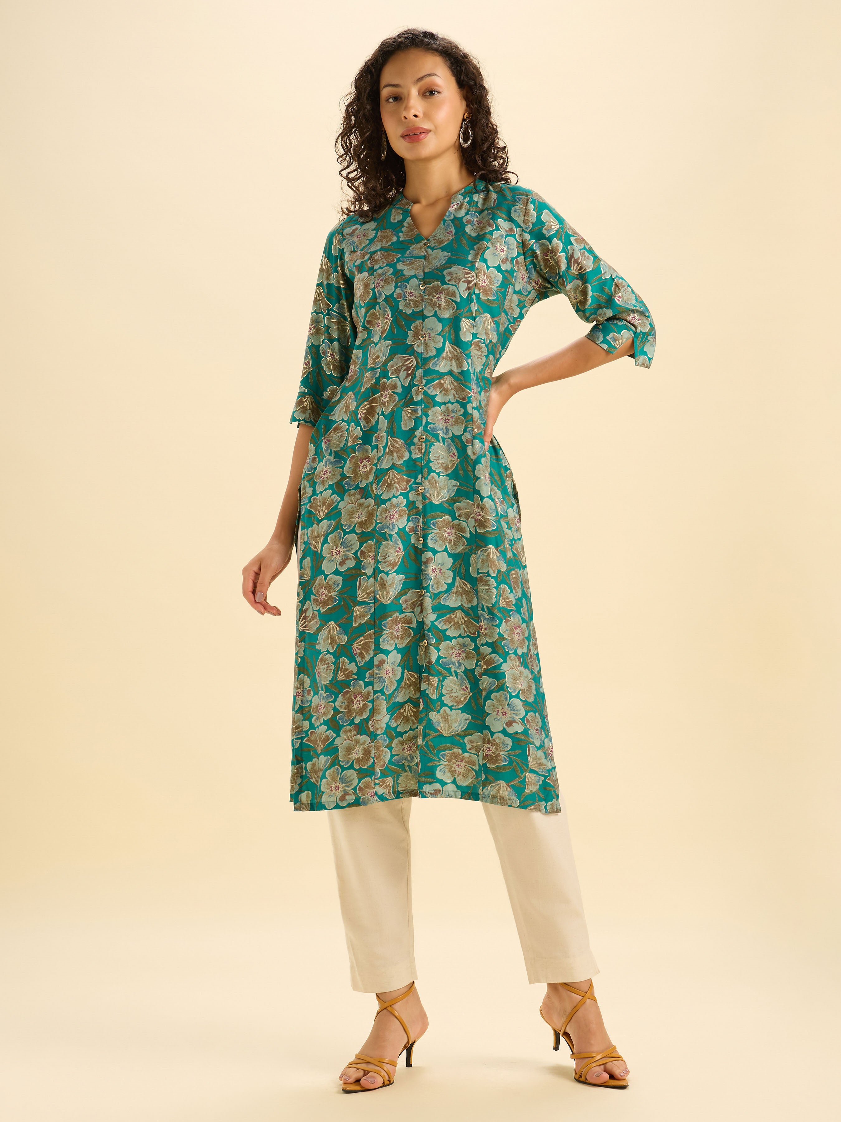 Sage Green Modal Chanderi Printed Slitted Kurti With Princess Cut