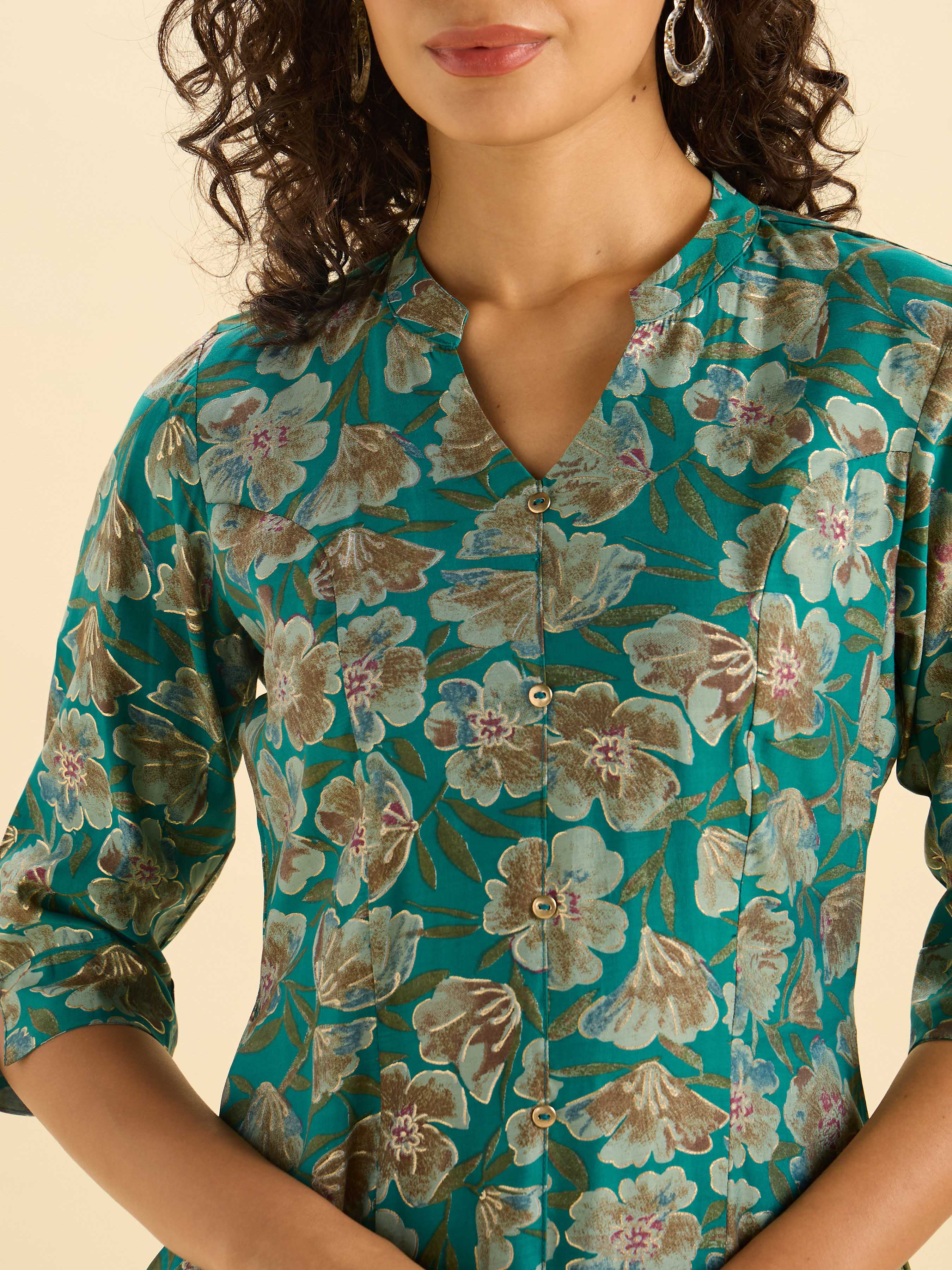 Sage Green Modal Chanderi Printed Slitted Kurti With Princess Cut