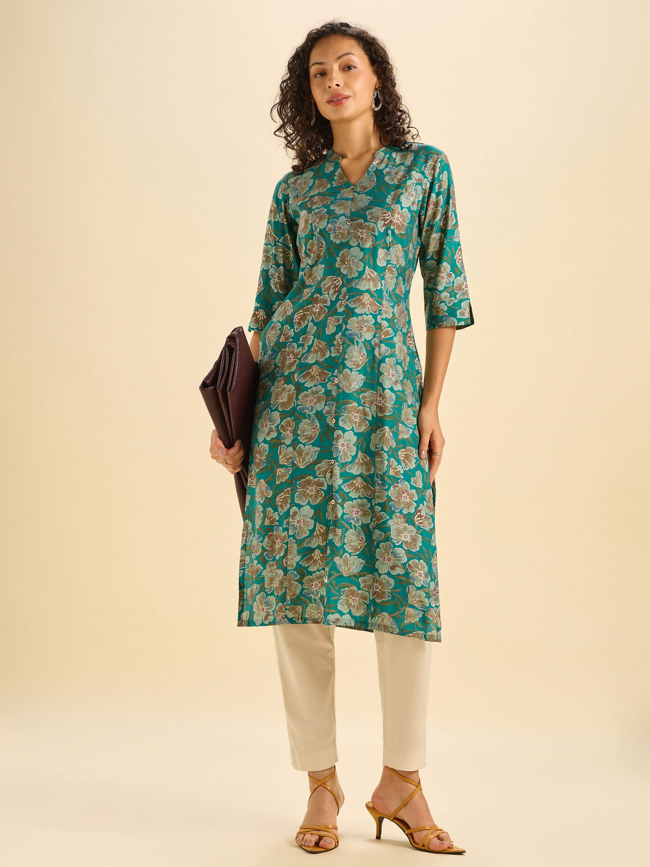 Sage Green Modal Chanderi Printed Slitted Kurti With Princess Cut