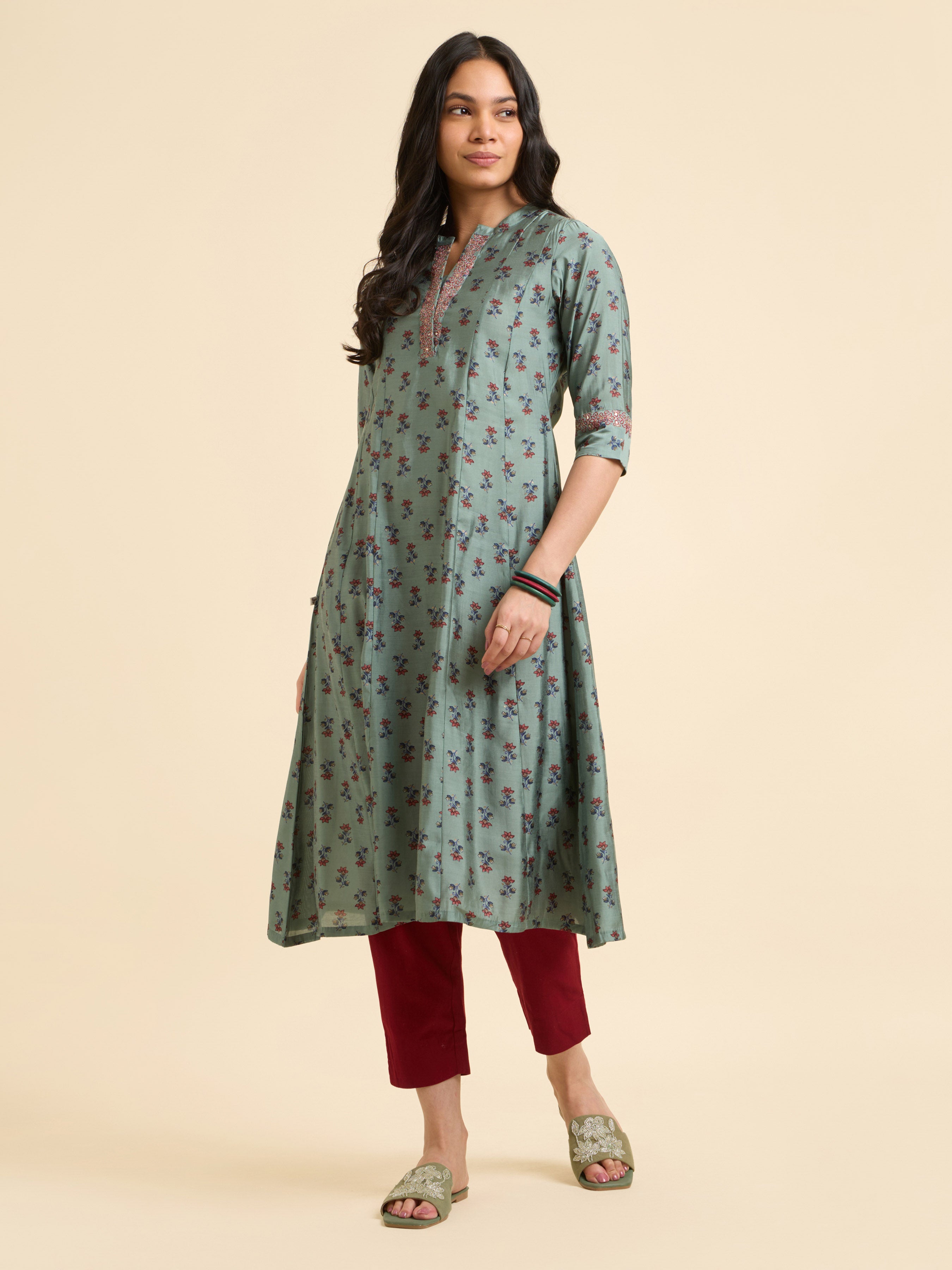 Sage Green Multi Printed Flared Centre Panel Kurti With Embroidery