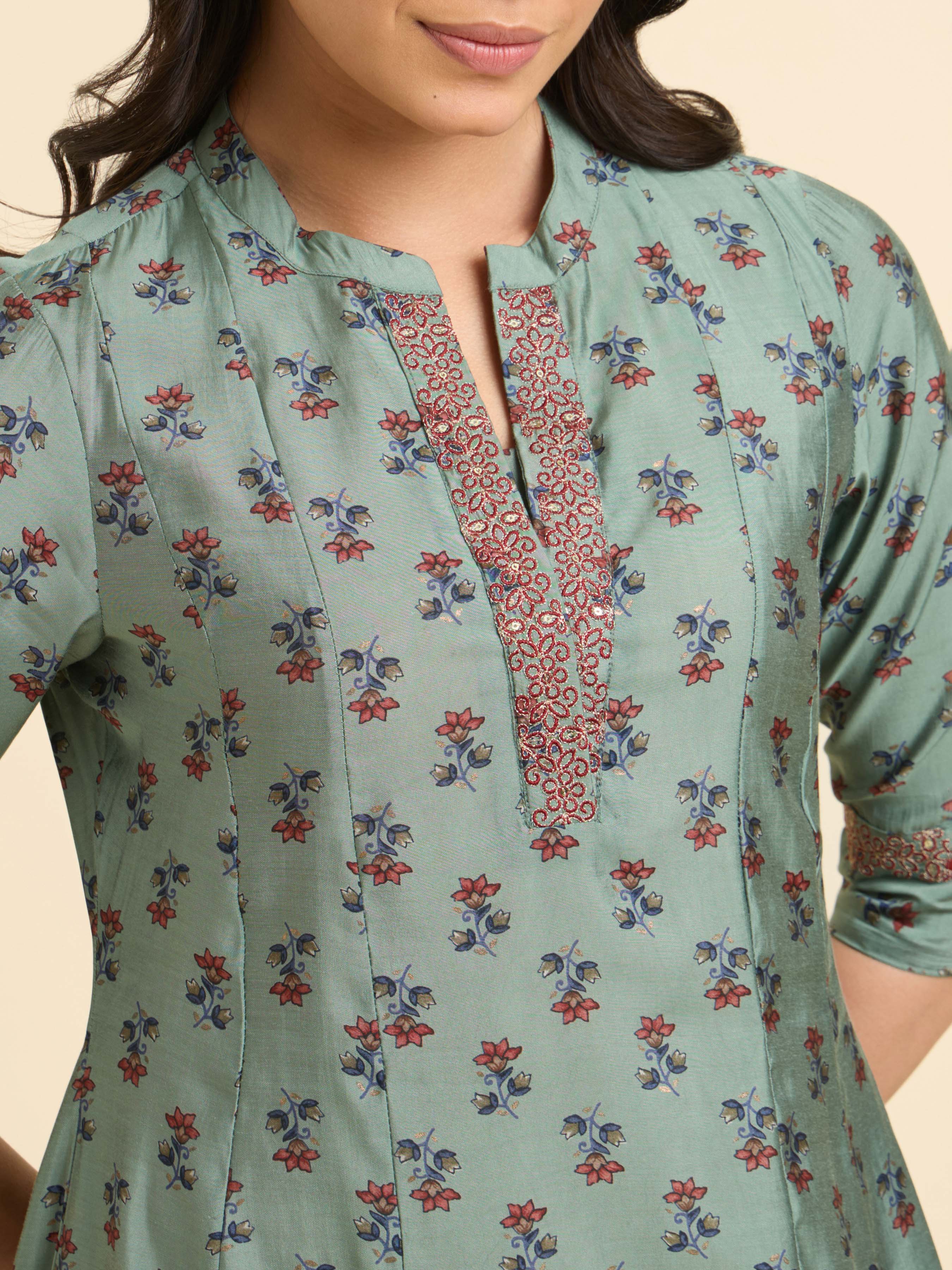 Sage Green Multi Printed Flared Centre Panel Kurti With Embroidery