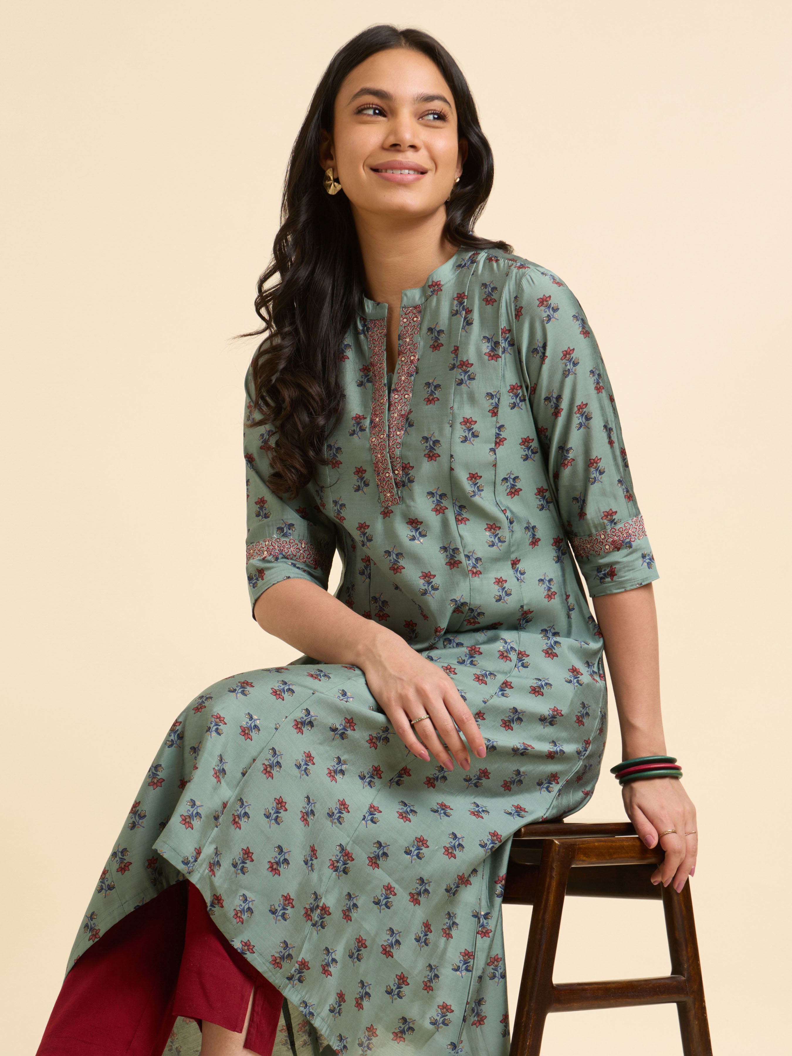 Sage Green Multi Printed Flared Centre Panel Kurti With Embroidery