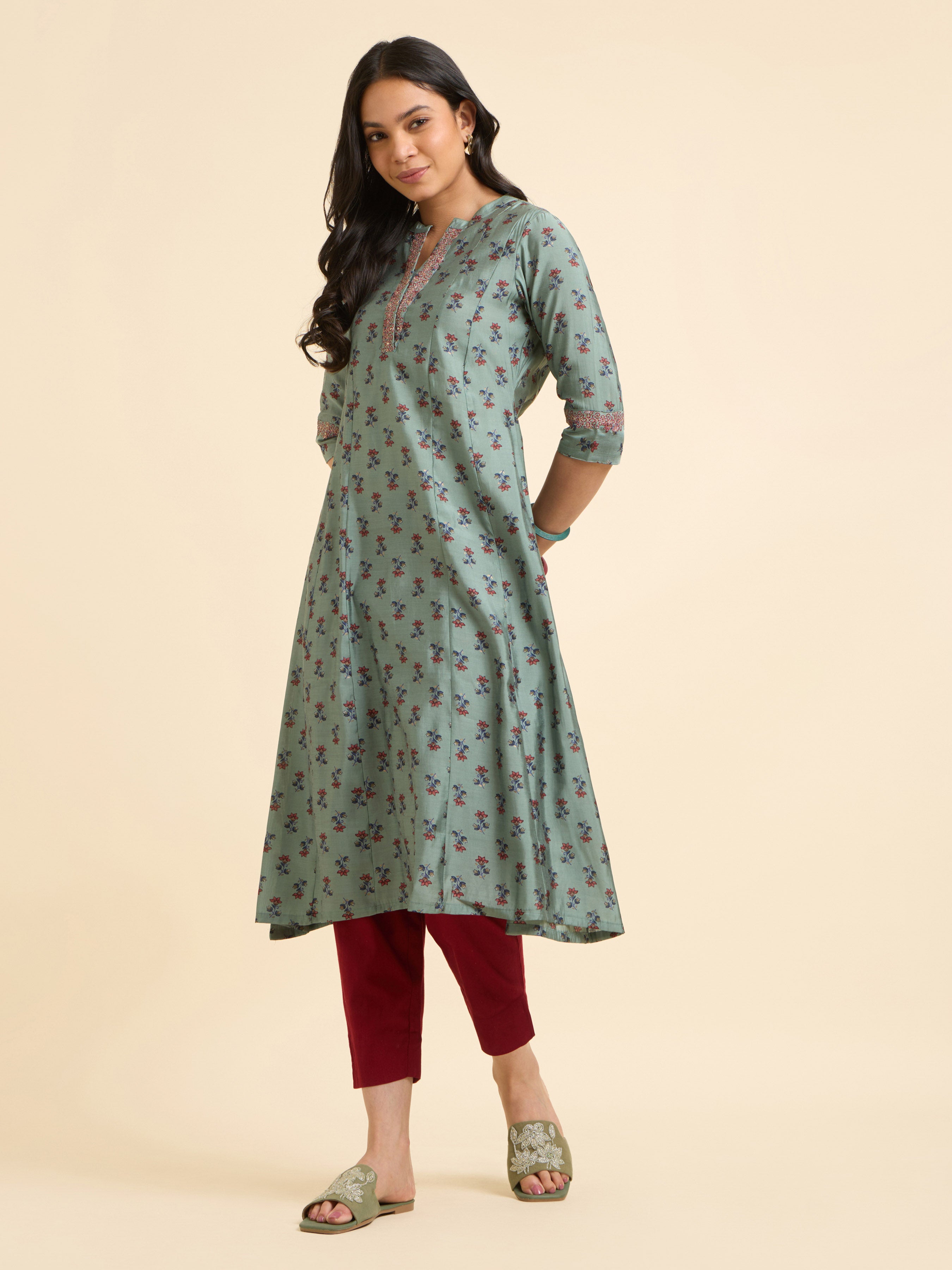 Sage Green Multi Printed Flared Centre Panel Kurti With Embroidery