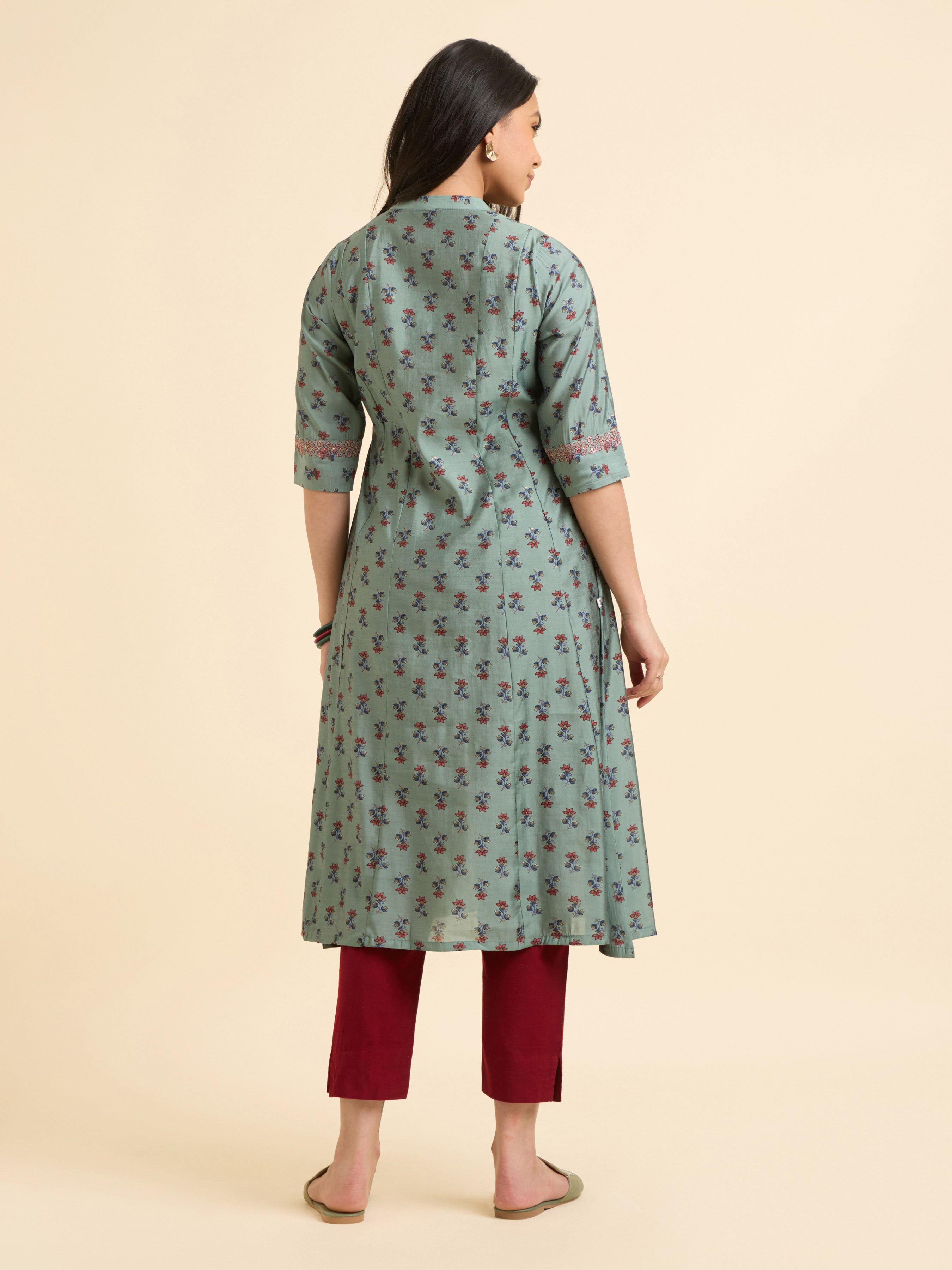 Sage Green Multi Printed Flared Centre Panel Kurti With Embroidery