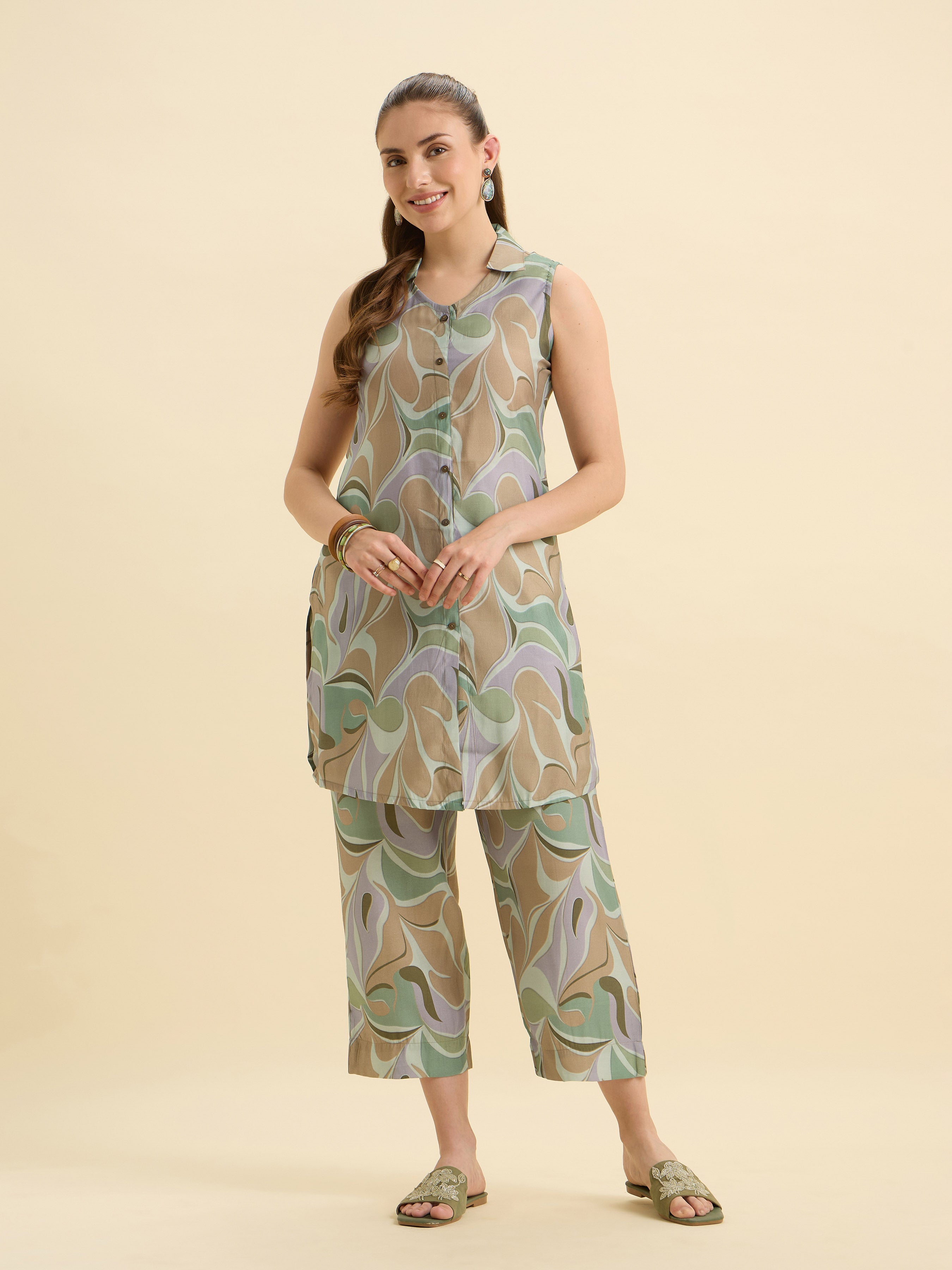 Sage Green Multicolour Modal Chanderi Printed Co-Ord Set