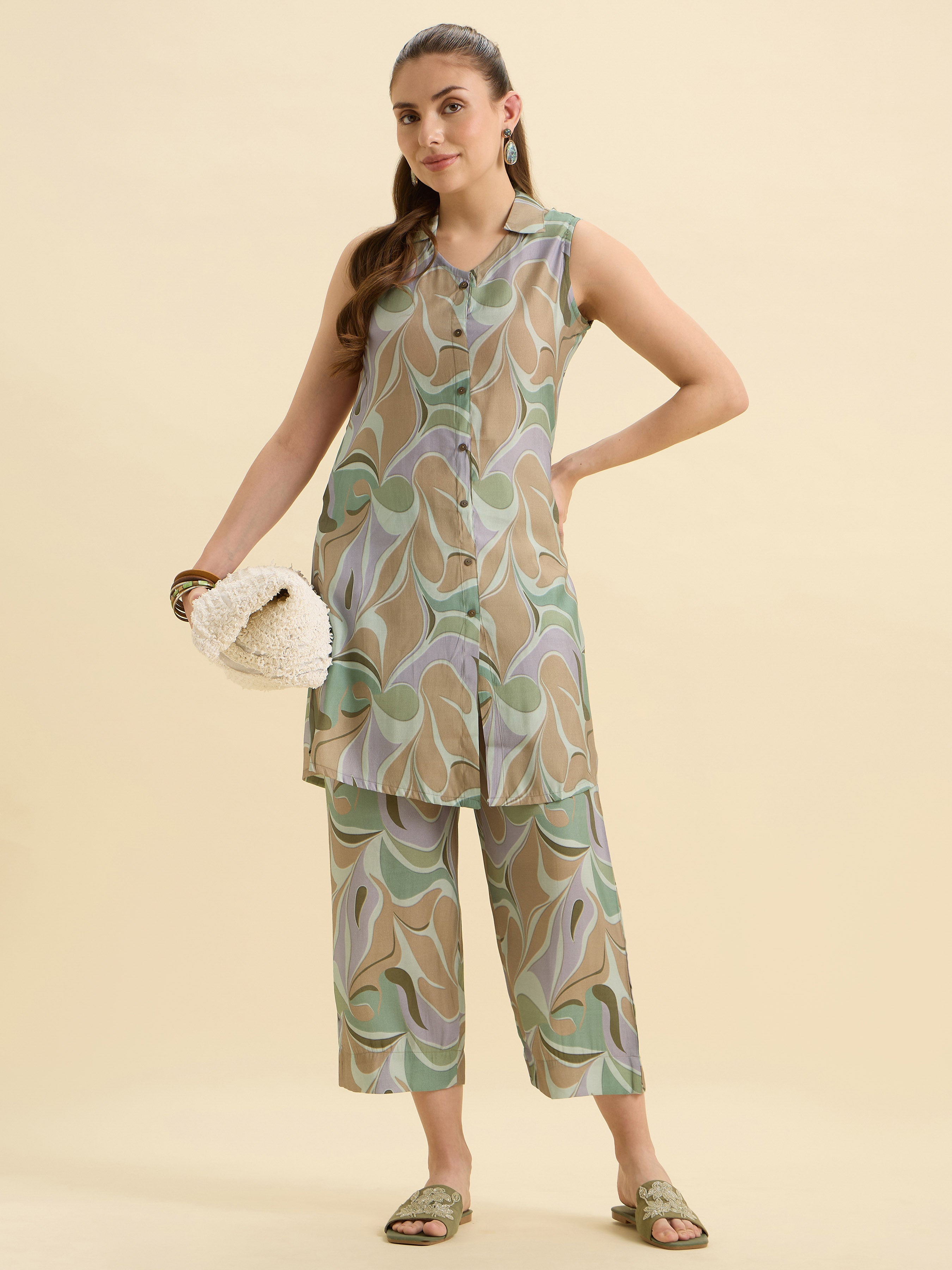 Sage Green Multicolour Modal Chanderi Printed Co-Ord Set