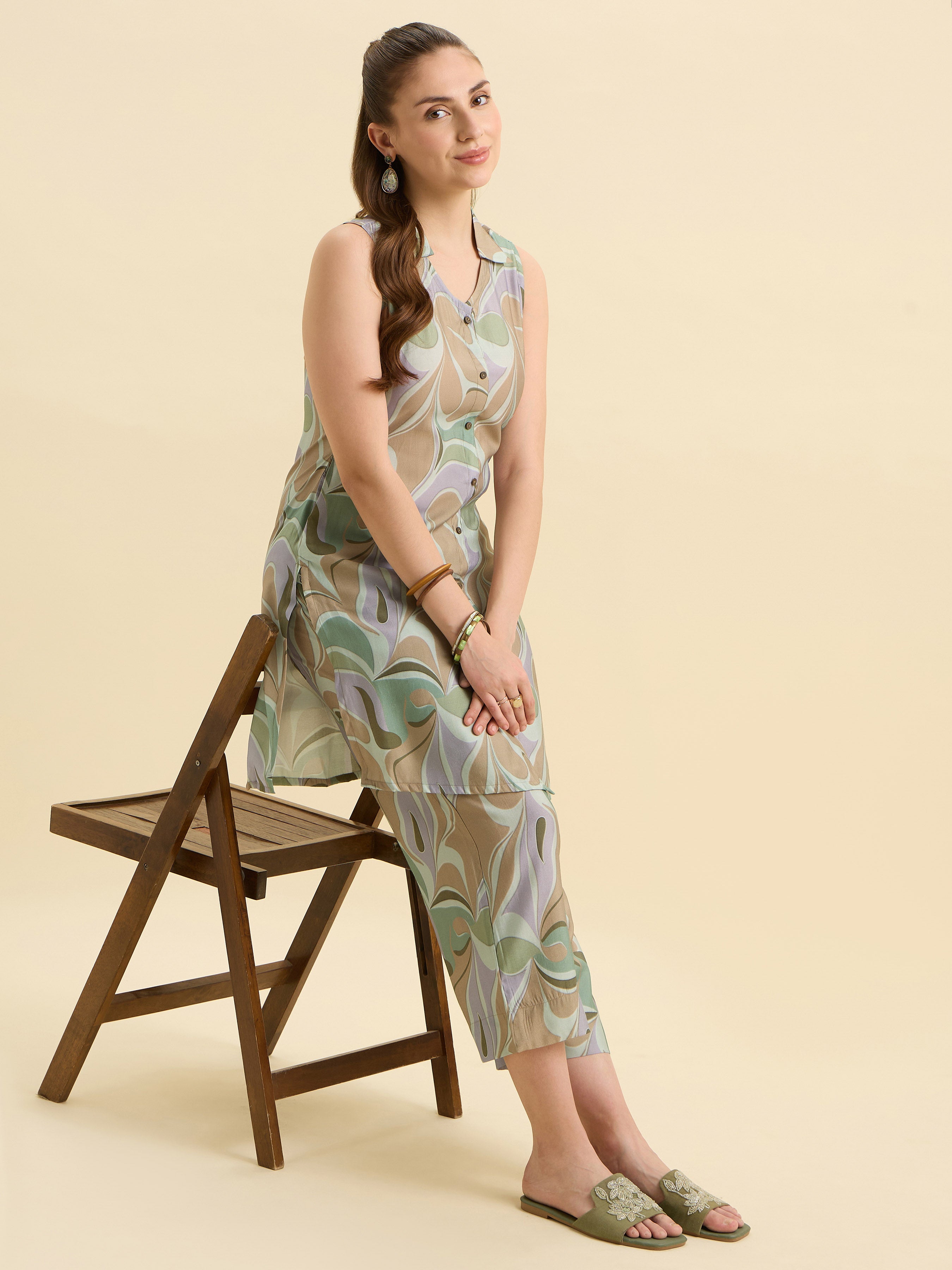 Sage Green Multicolour Modal Chanderi Printed Co-Ord Set