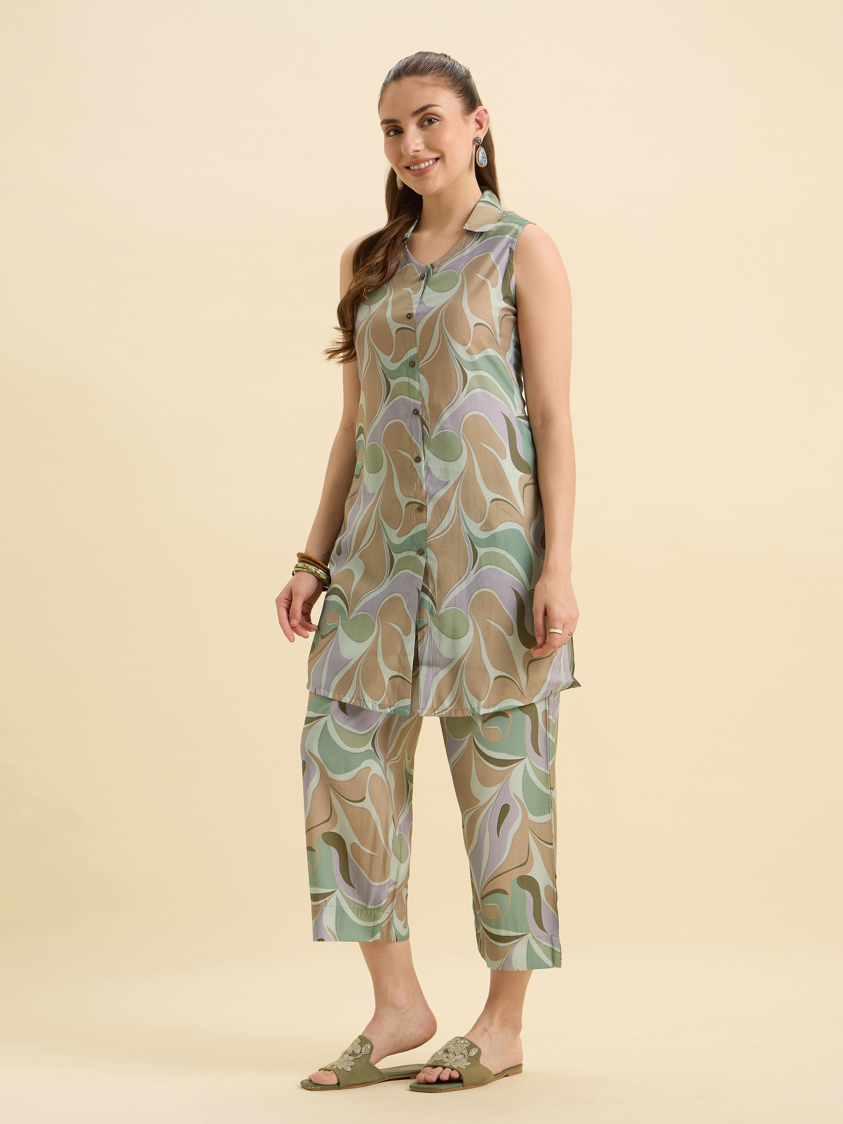 Sage Green Multicolour Modal Chanderi Printed Co-Ord Set