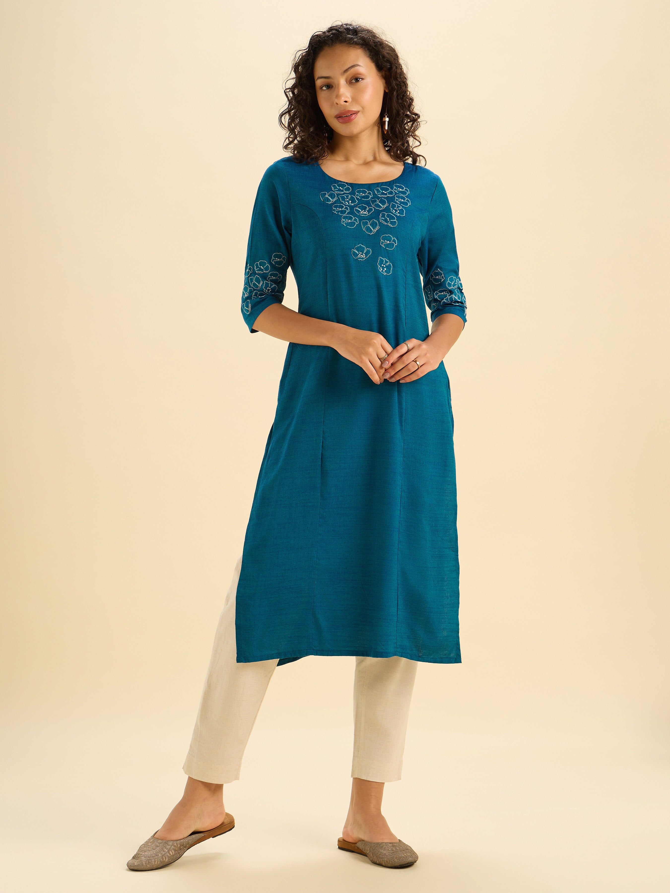 Teal Blue Cotton Viscose Kurti With Embroidery