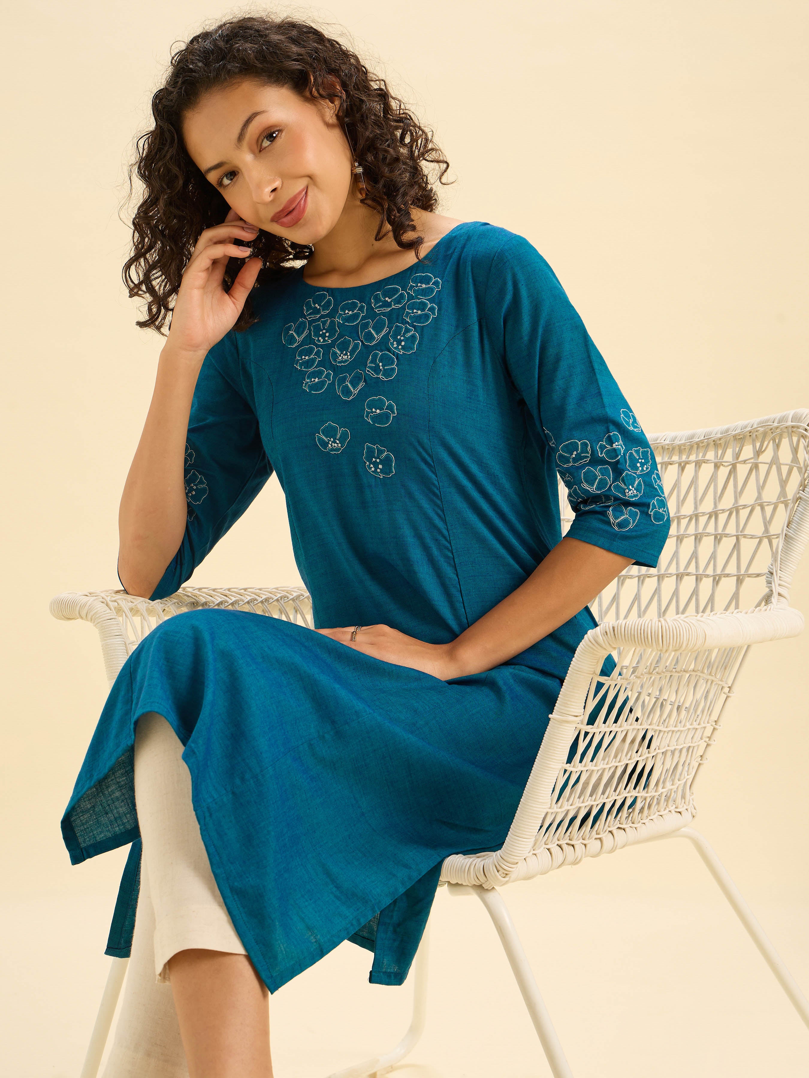 Teal Blue Cotton Viscose Kurti With Embroidery