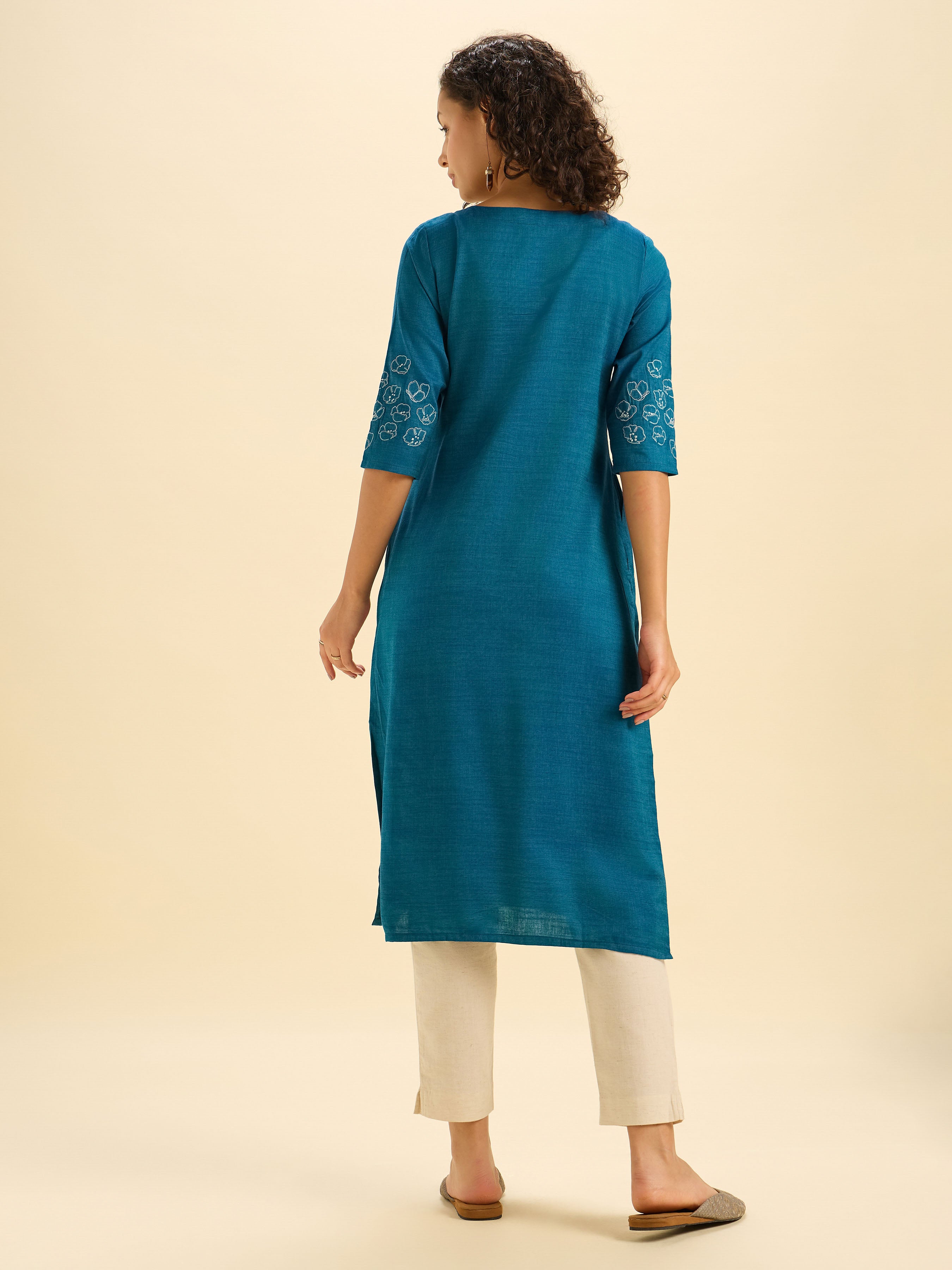 Teal Blue Cotton Viscose Kurti With Embroidery
