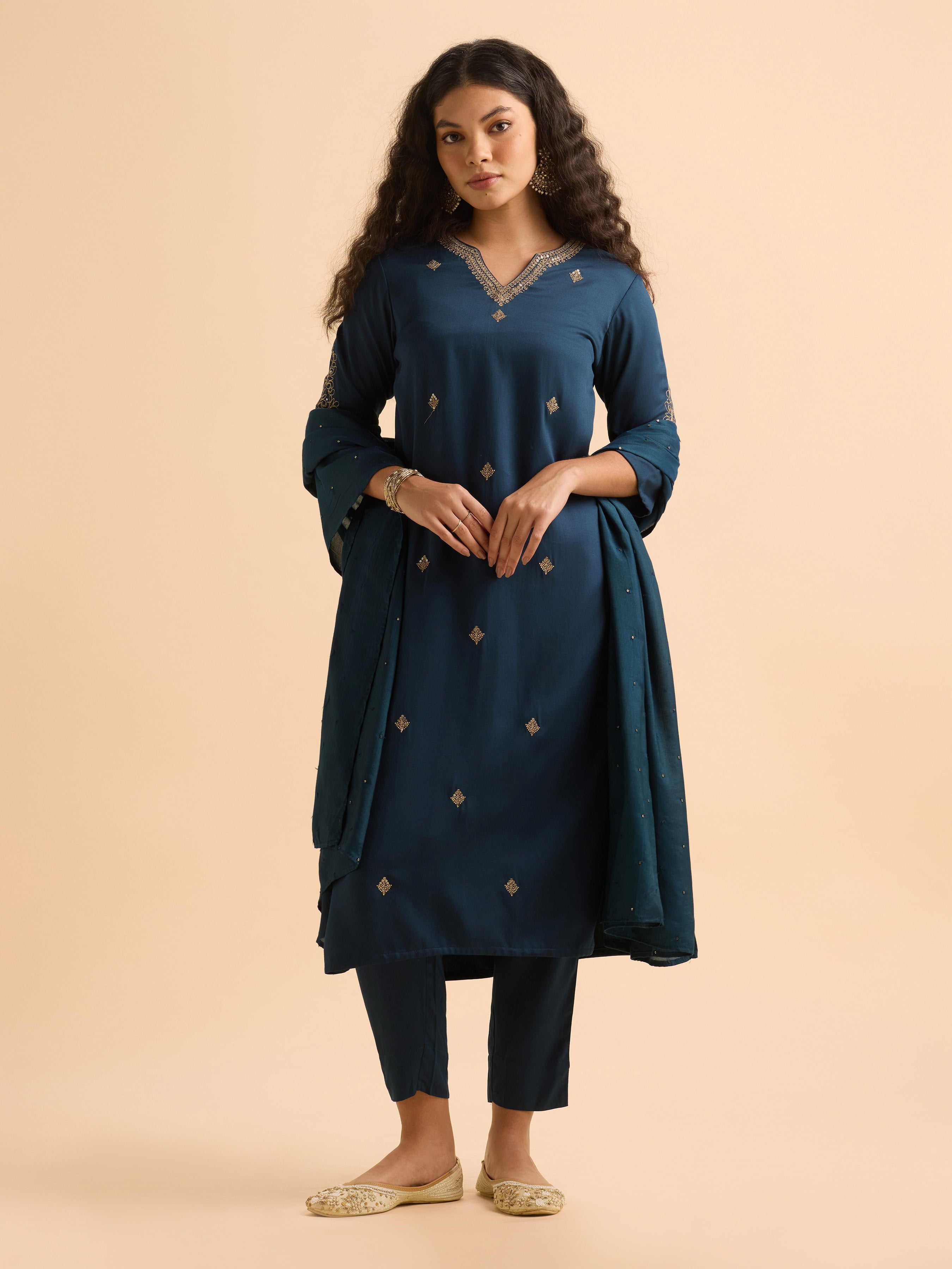 Teal Blue Poly Viscose Plain Slitted Kurti Set With Embroidery And Sequins Work