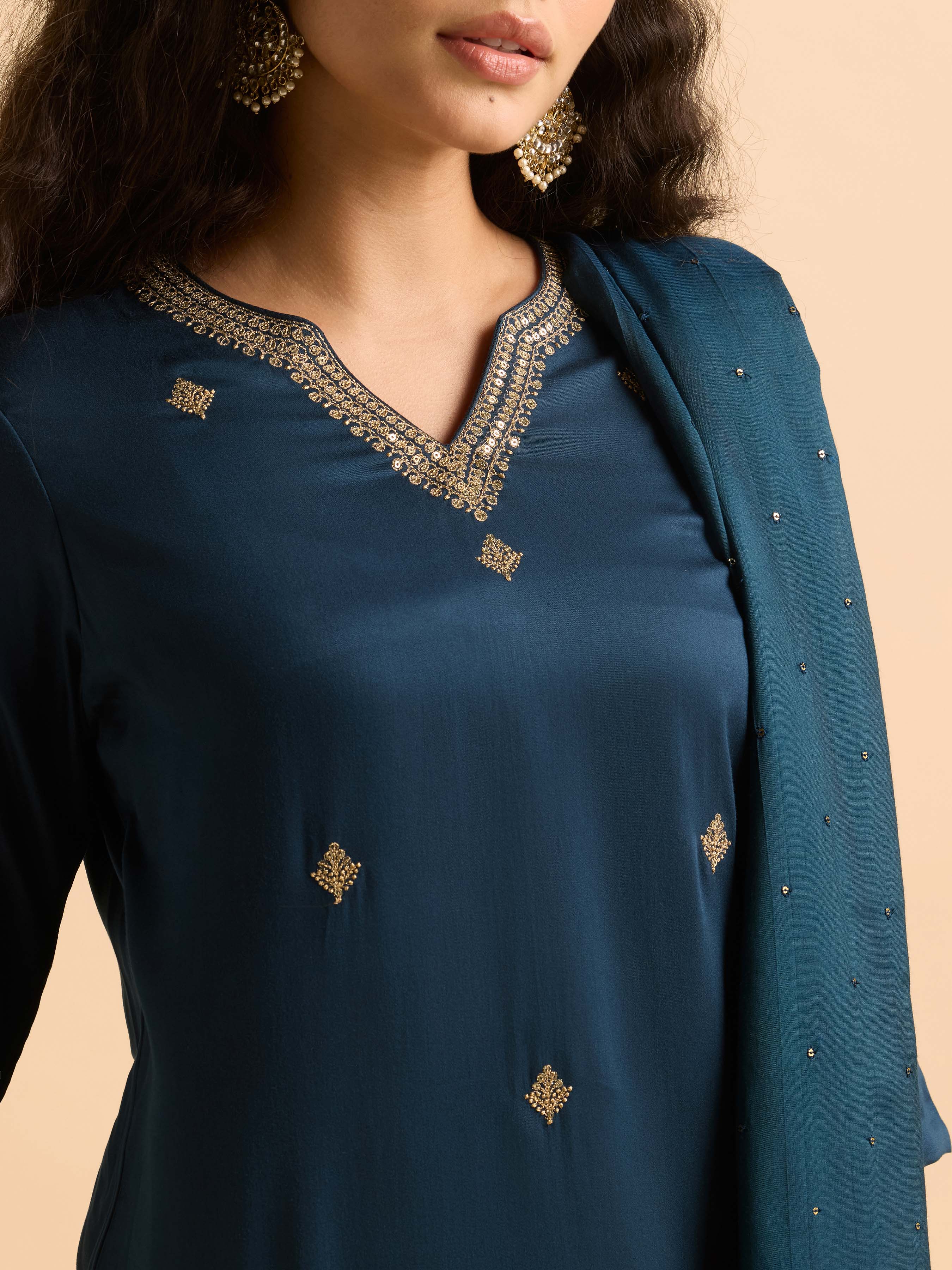 Teal Blue Poly Viscose Plain Slitted Kurti Set With Embroidery And Sequins Work
