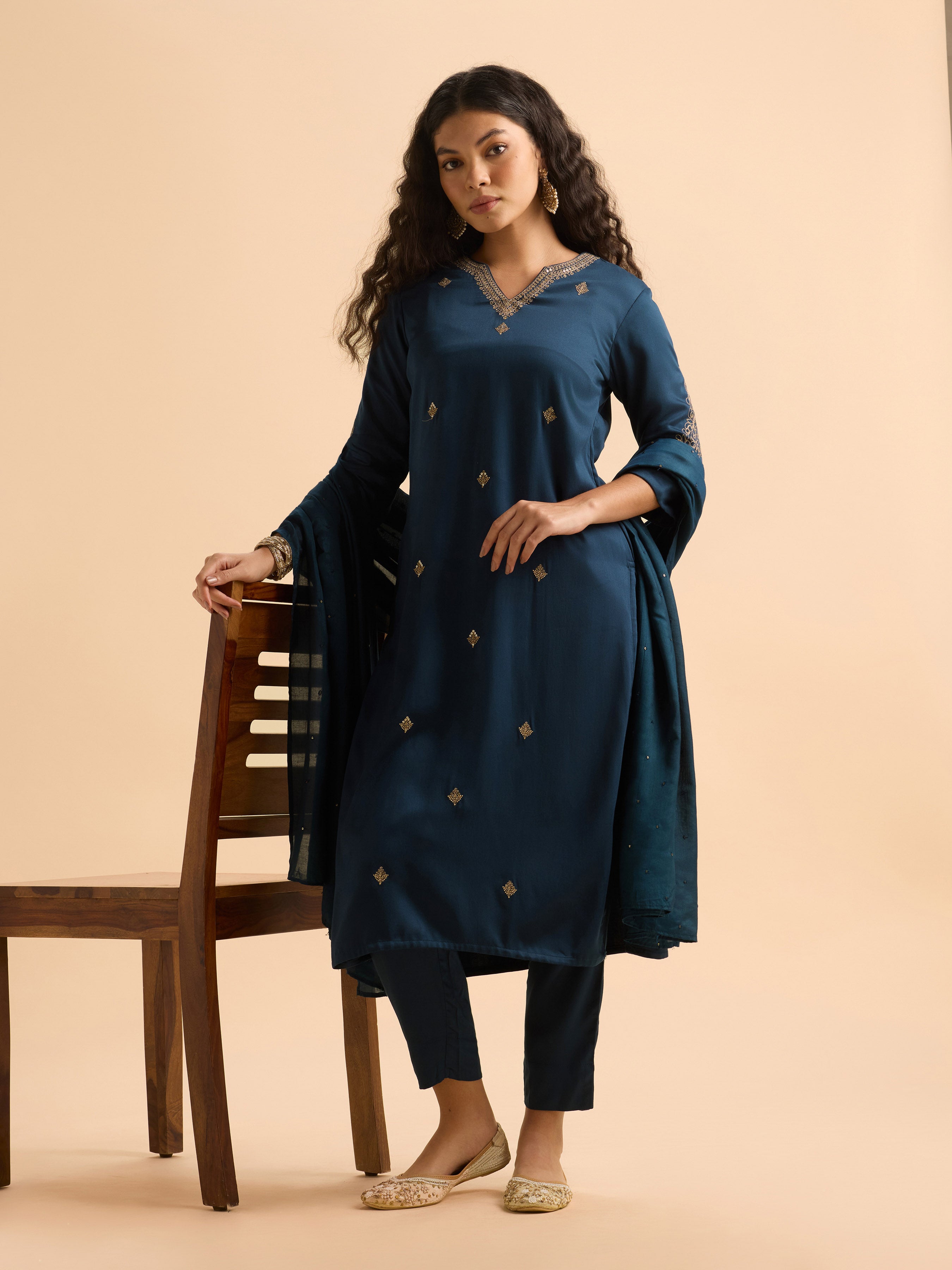 Teal Blue Poly Viscose Plain Slitted Kurti Set With Embroidery And Sequins Work