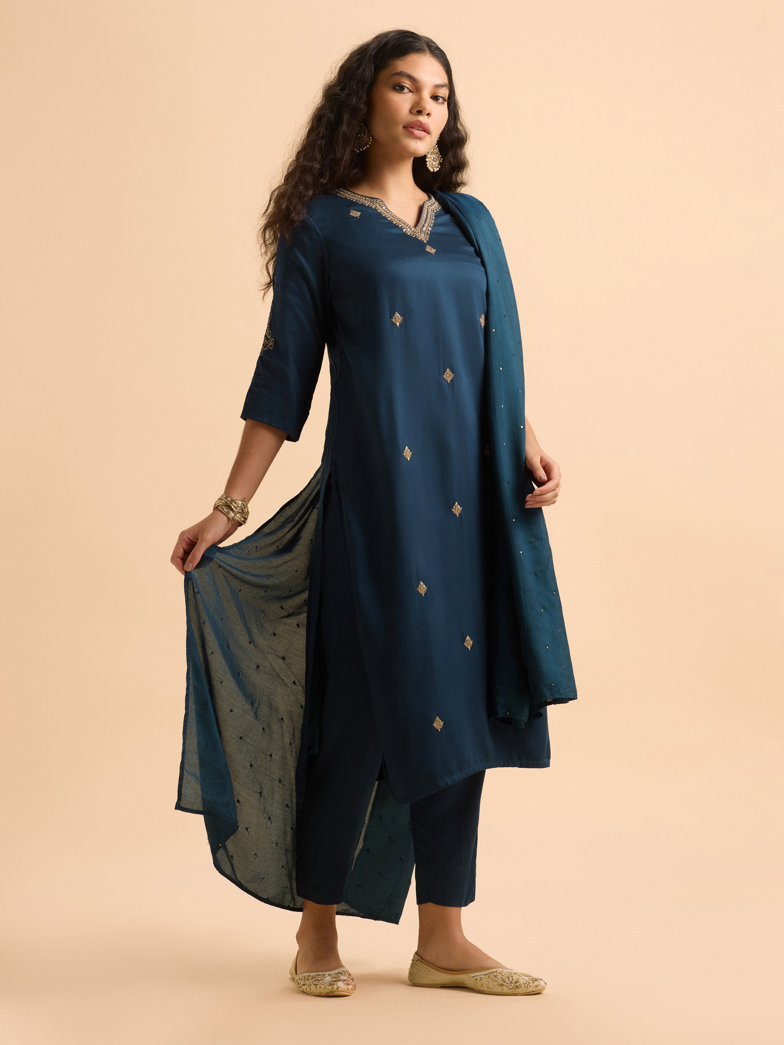 Teal Blue Poly Viscose Plain Slitted Kurti Set With Embroidery And Sequins Work